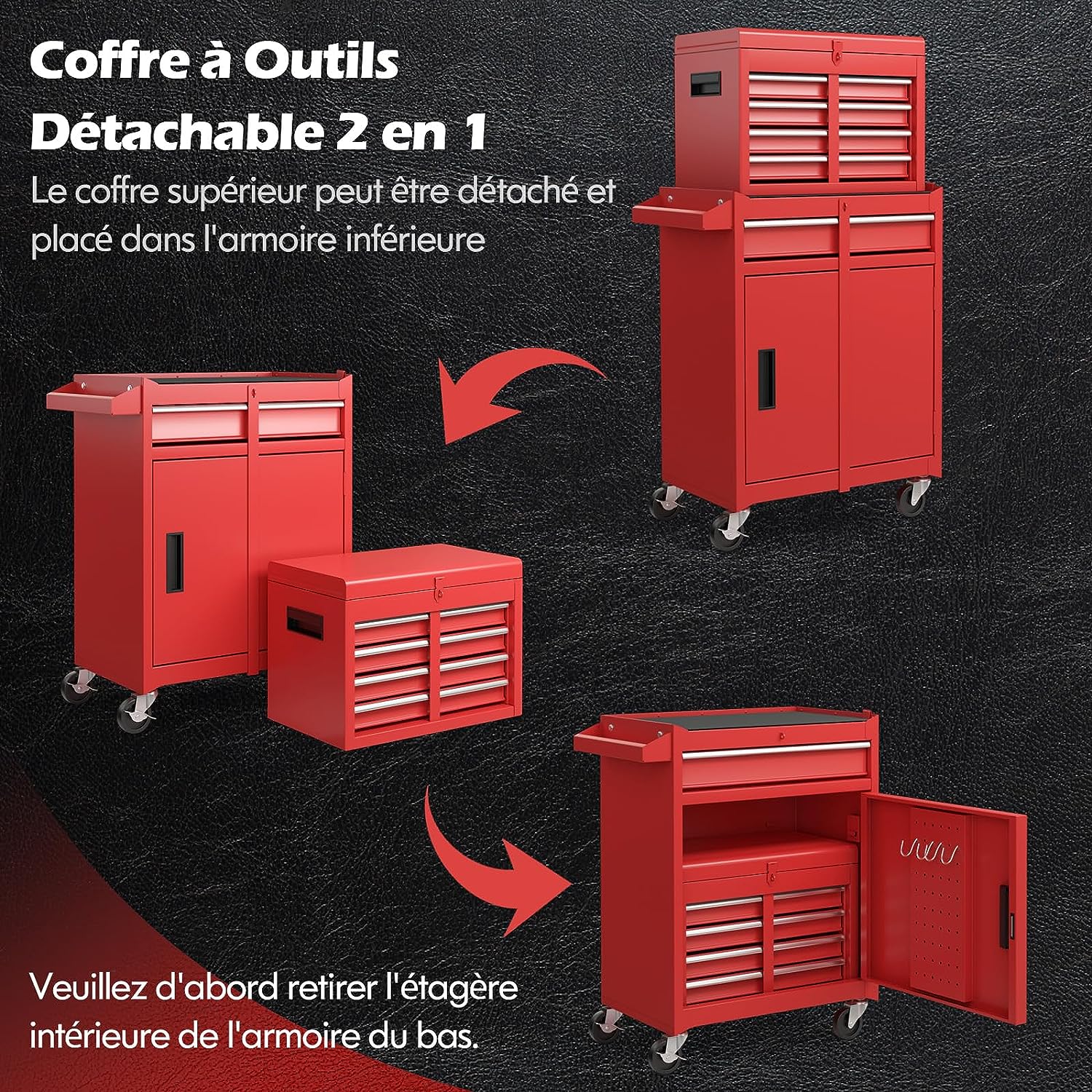 Servante d’Atelier à Outils 4 Tiroirs Compartiment Amovible Etagère Rouge - 5