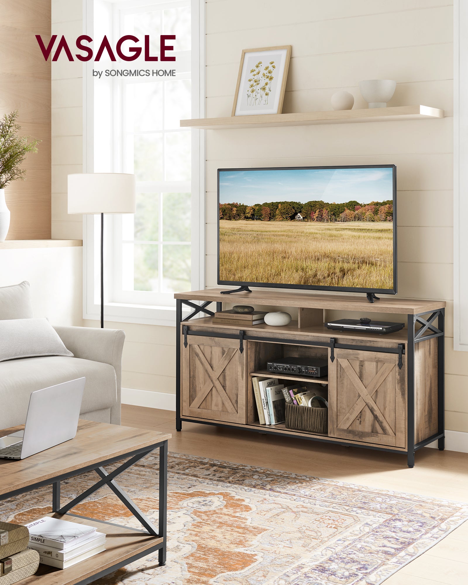 Meuble TV, avec Étagères Réglables, Portes Imitation Grange, Style Rustique, Cadre en Métal, Marron Camel et Noir Simple - 7