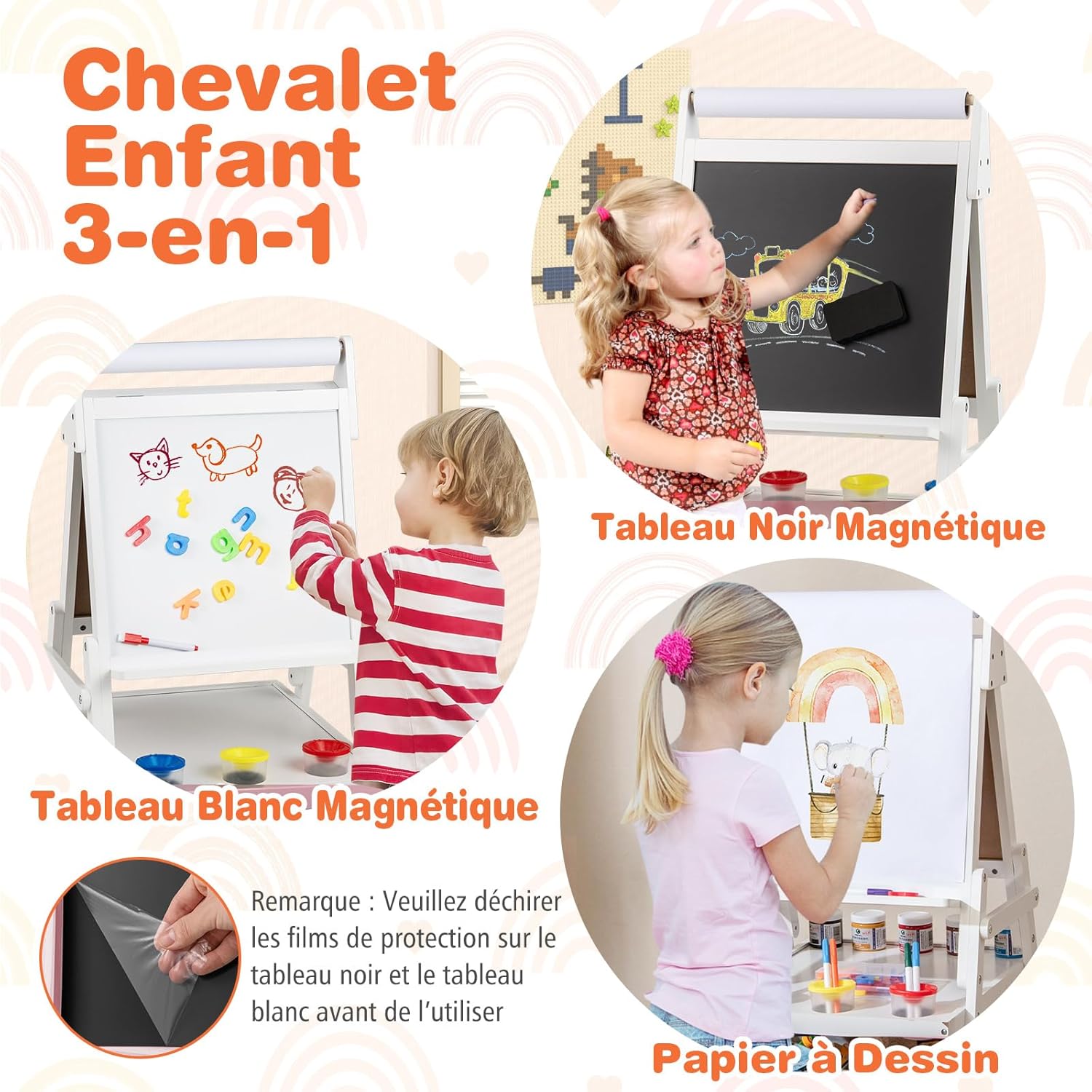 3 en 1 Chevalet d'Art Enfant avec Tableau Noir & Blanc Magnétique, Tableau Enfant Double Face avec Rouleau de Papier & 2 Bacs en Tissu (Blanc) - 2