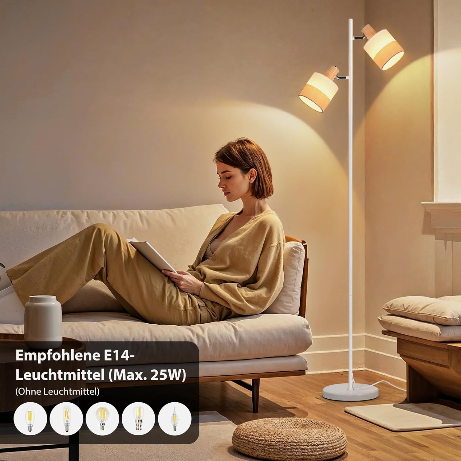 Lampa podłogowa Nettlife Vintage z drewna, 2xE14, styl retro, klosz z materiału, obrotowa, przełącznik nożny, salon/sypialnia - 2