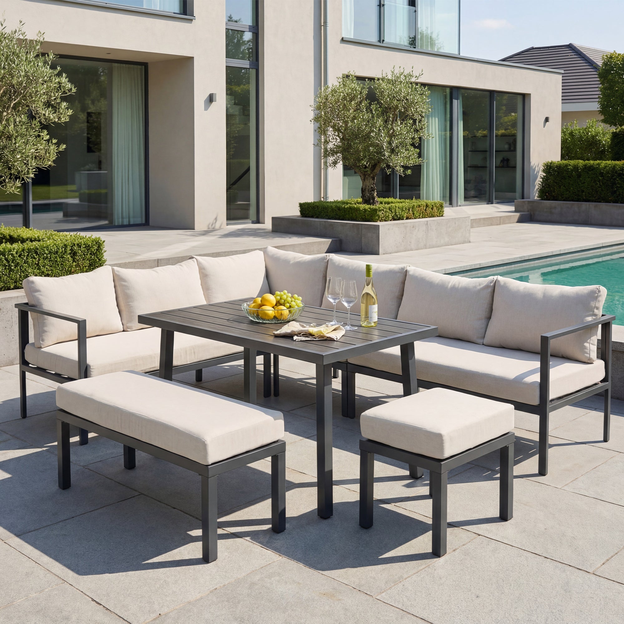Salon de Jardin 8 Places - Canapé 6 Places + Banquette + Fauteuil + Table WPC - Structure Acier Galvanisé - beige - 2