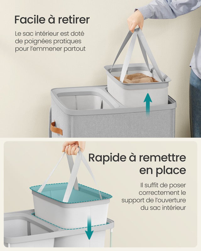 Panier à Linge, Corbeille à Linge Sale de 170 L, avec Couvercle et Poignées, Sacs Internes Amovibles, 56 x 40 x 75 cm, Gris Tourterelle - 6