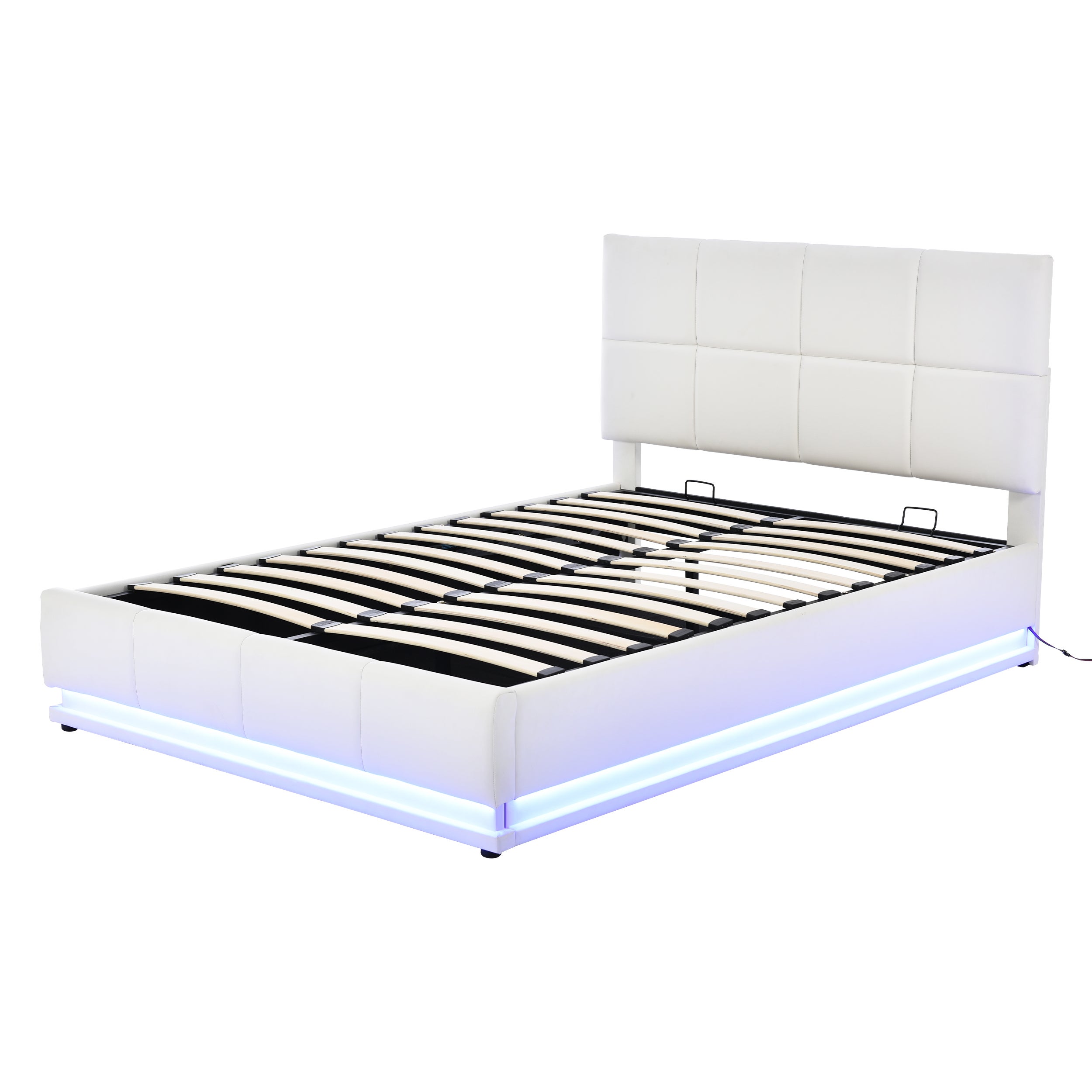 Cama contenedor tapizada 140x200 cm con iluminación LED - en símil piel - Blanco - 9