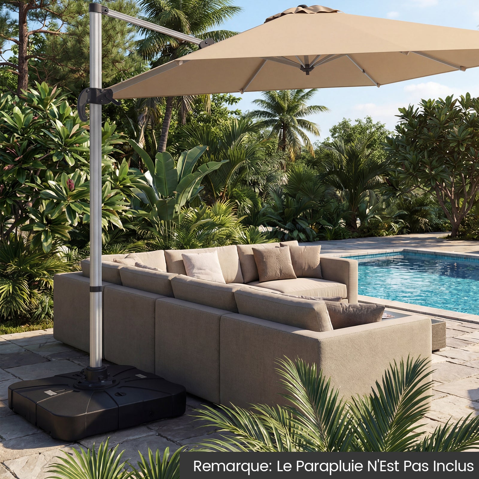 Pied de Parasol Déporté avec roulettes, Support Parasol en HDPE, Remplissable 130 kg Sable& Eau/120 kg Sable/107 kg Eau, 84 x 84 x 20 cm - 9