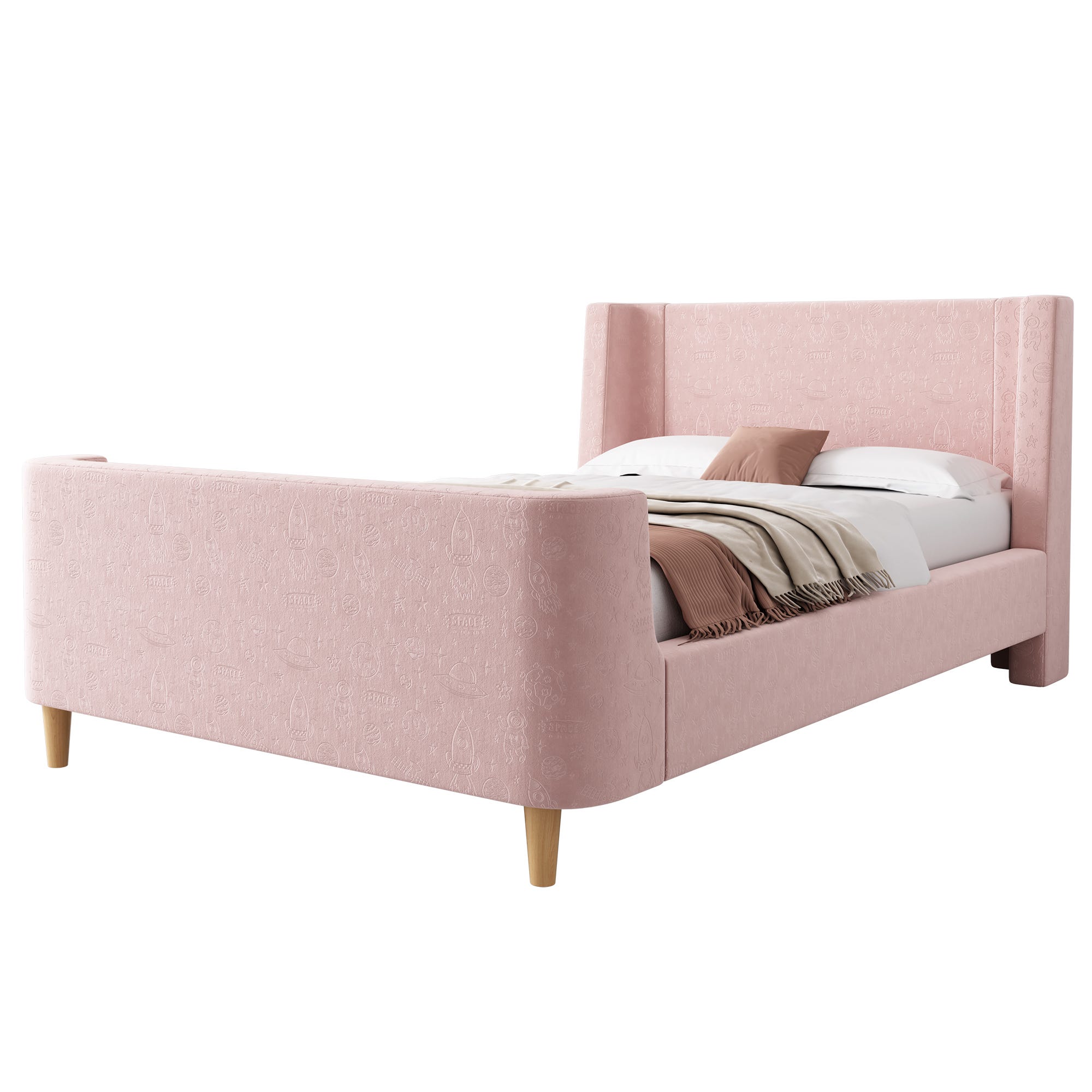 KOMHTOM Lit 1 Personne 90x200 LED Avec Sommier à Lattes - Tête Rembourrée Rose Crème - Pieds Arrondis