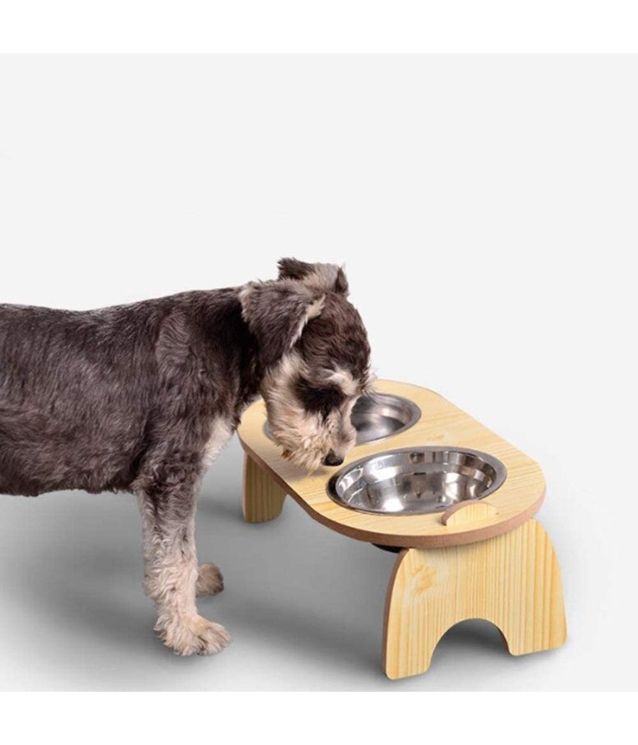 Trade Shop - Ciotola Doppia Rialzata Per Cani Gatti Con Base In Legno Per Animali Domestici - - 2