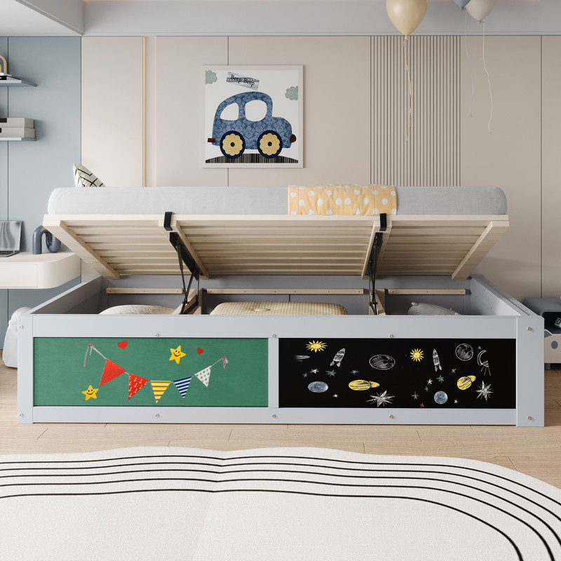 Łóżko dziecięce z pojemnikiem 90 x 200 cm - schowek pod łóżkiem - lite drewno - szare (materac nie jest wliczony w cenę)