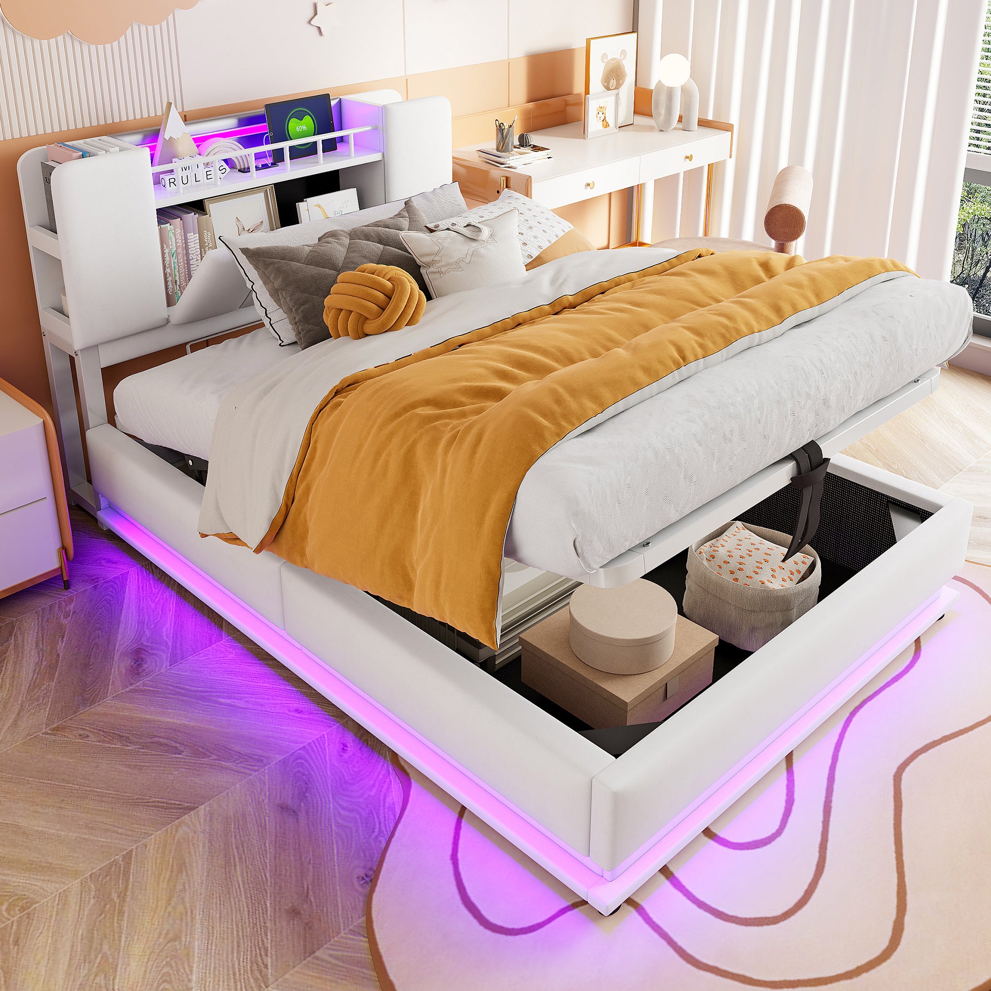 Łóżko z pojemnikiem na pościel 90 x 200 cm i zagłówkiem - Tkanina aksamitna - Diody LED - Porty USB - Beżowe (Materac nie jest wliczony w cenę)