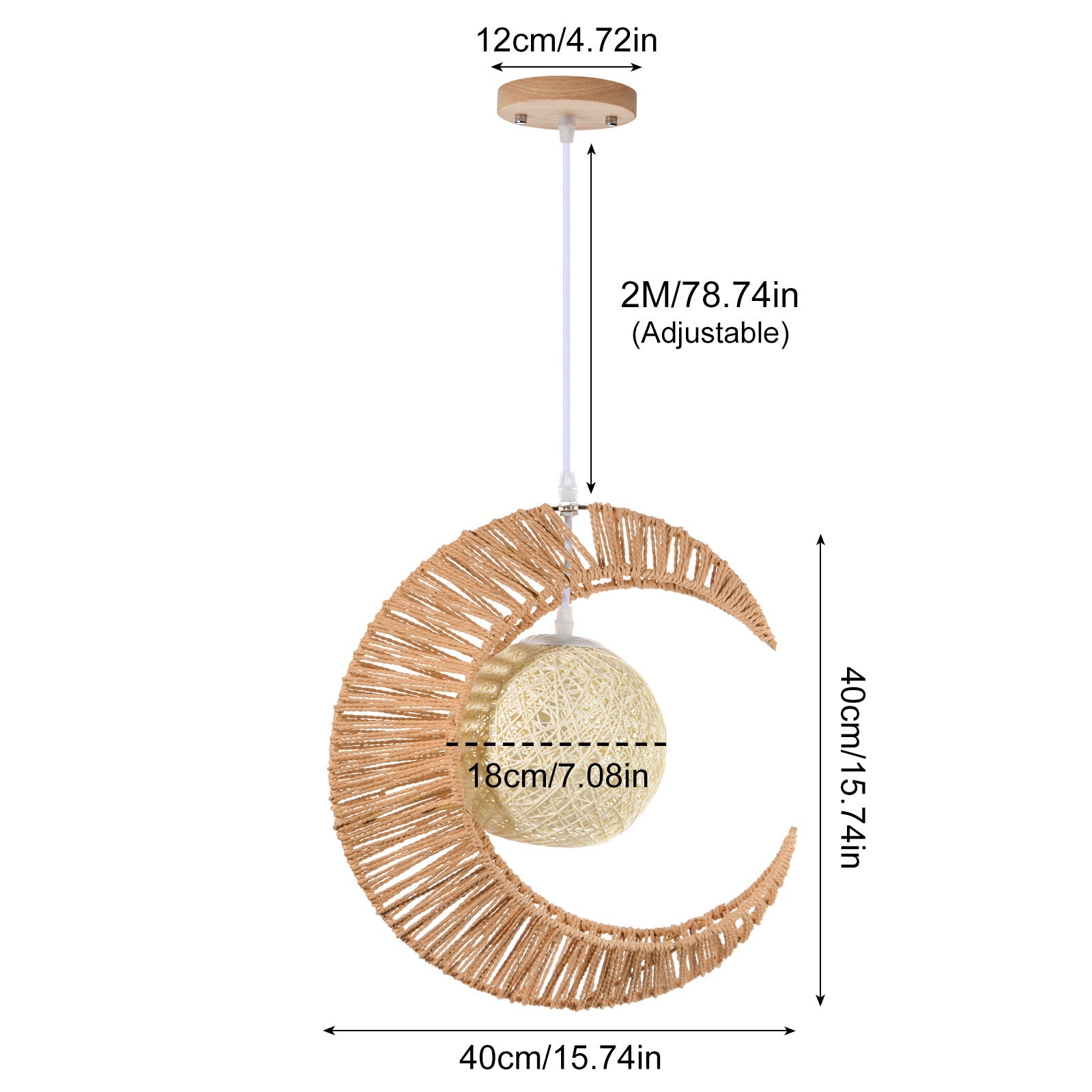 Lustre en rotin tissé à la main lustre en forme de lune, abat - jour en corde de chanvre lustre décoratif pour étude, café D38 cm x H38 cm - 3