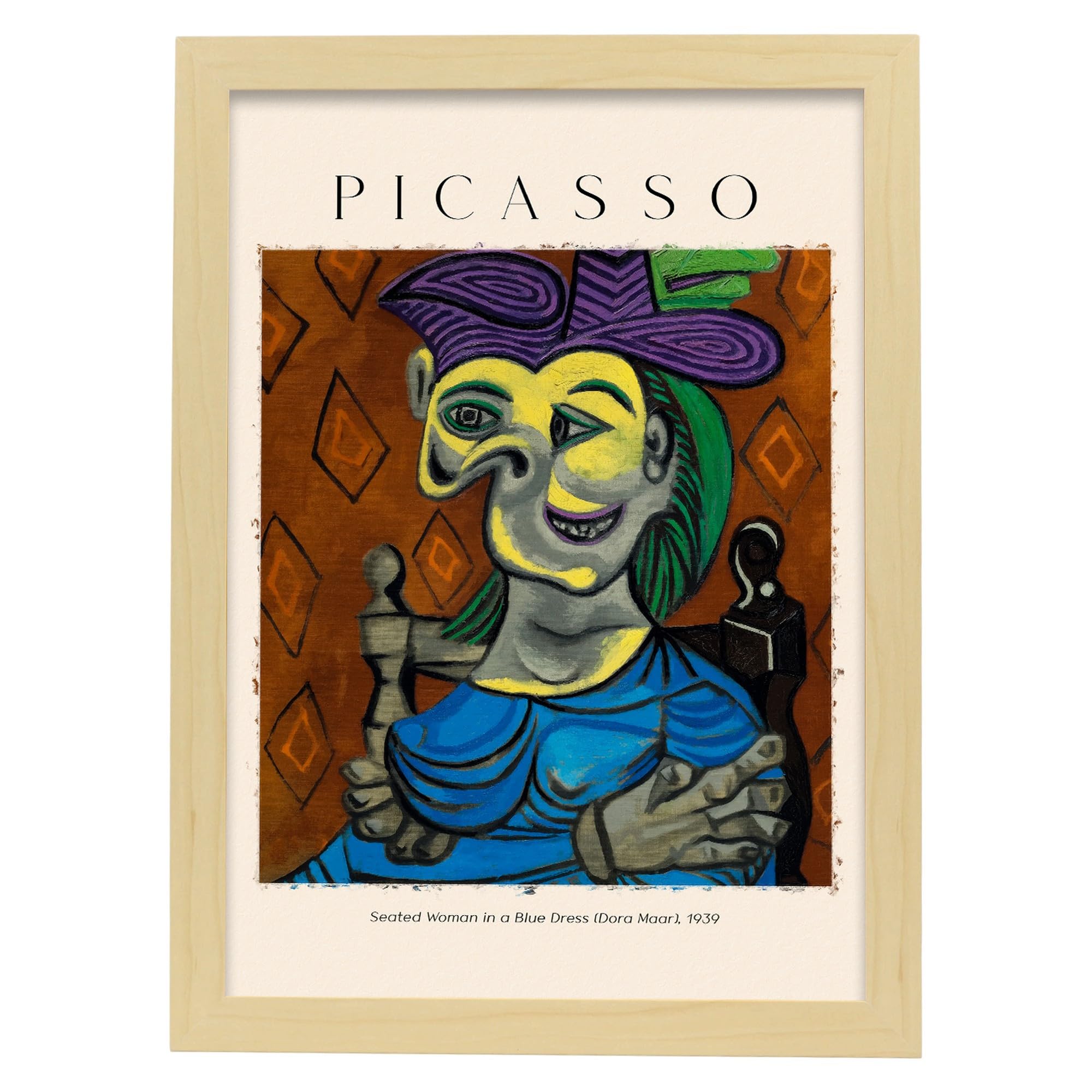 Lámina de mujer sentada con vestido azul cuadros decorativos estampados impresiones de pared inspiradas en picasso a3 con marcos de madera ligera