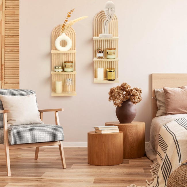 Lot De 2 Étagères Murales Bohèmes En Bois Massif - Style Arc-en-Ciel - Décoration Murale Flottante Pour Salon Et Chambre