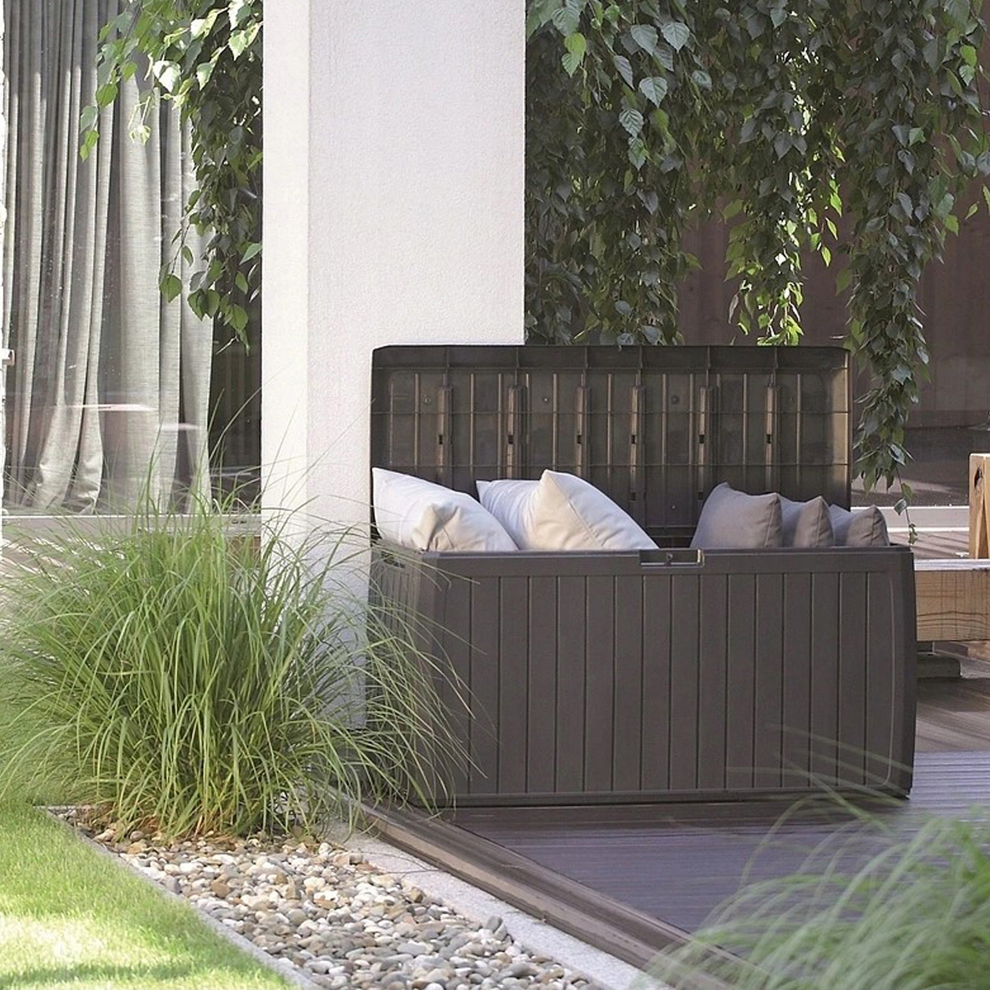 Baul de jardin 290 litros Prosperplast Boxe Board de plastico en color ocre oscuro 116,6 x 47 x 59,5 cm - 2