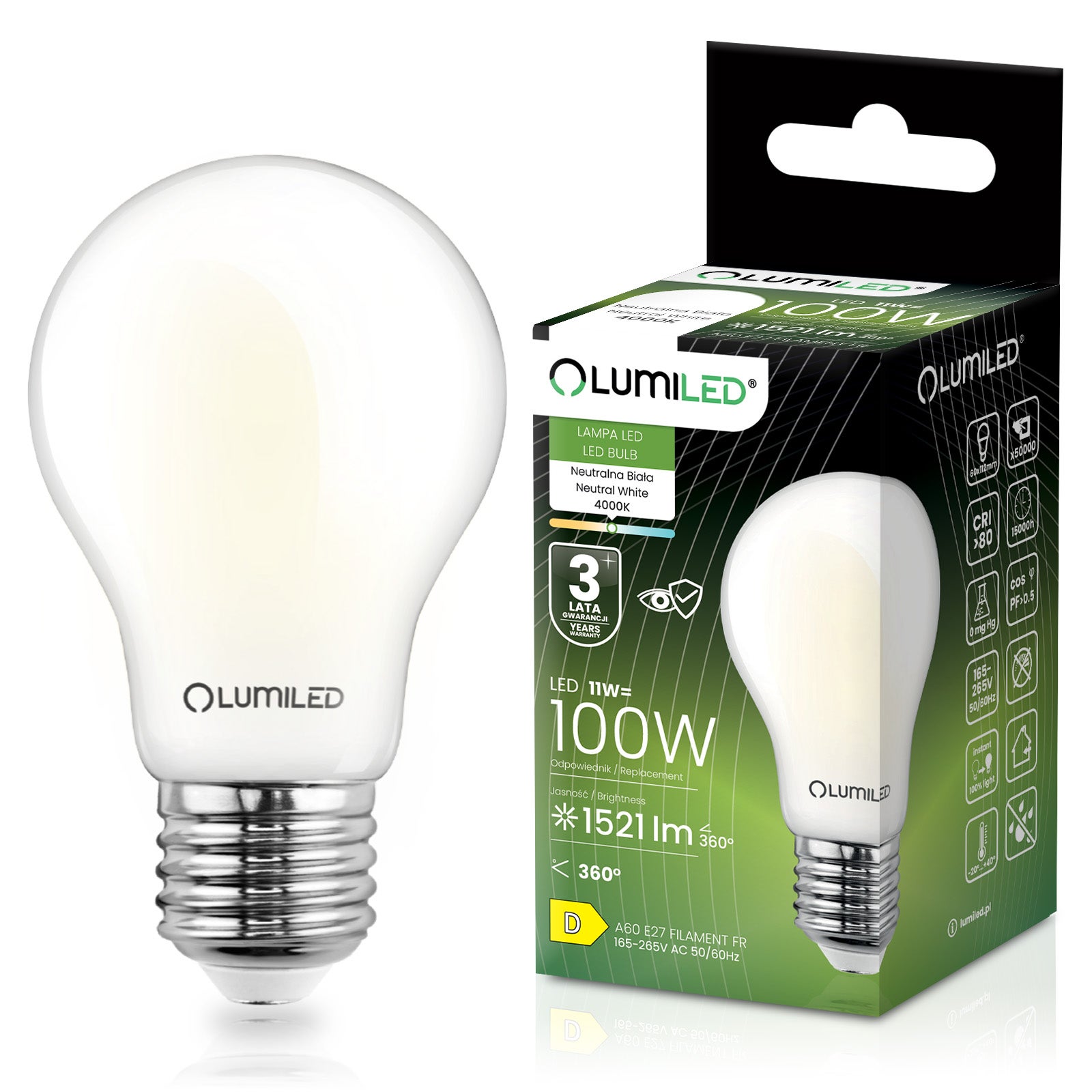 Żarówka LED Lumiled E27 A60 11W 1521lm 4000K Neutralna biel 360st Filament 1 szt.