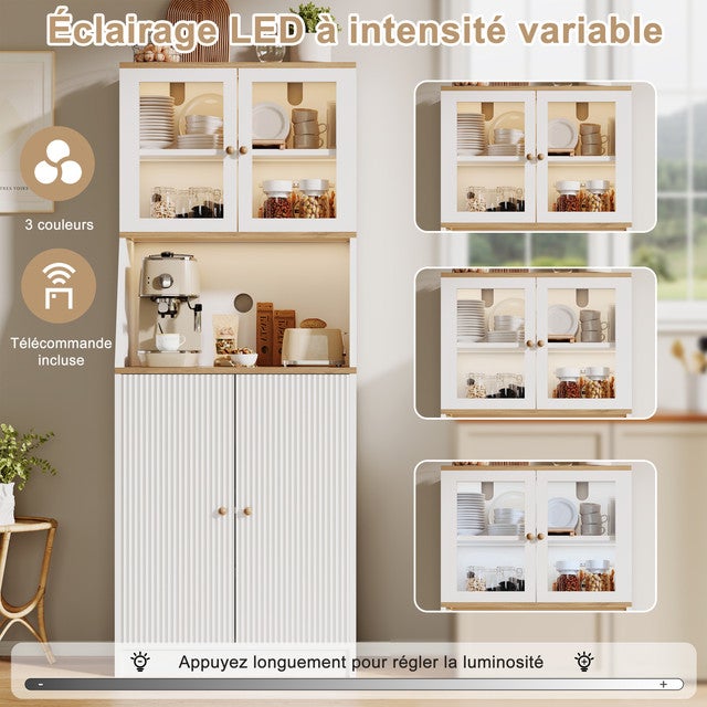 Armoire de Cuisine Colonne 180cm, Buffet avec Éclairage et Étagères Réglables, Plan de Travail et Portes en Verre Transparent, 70x40x180cm - 9