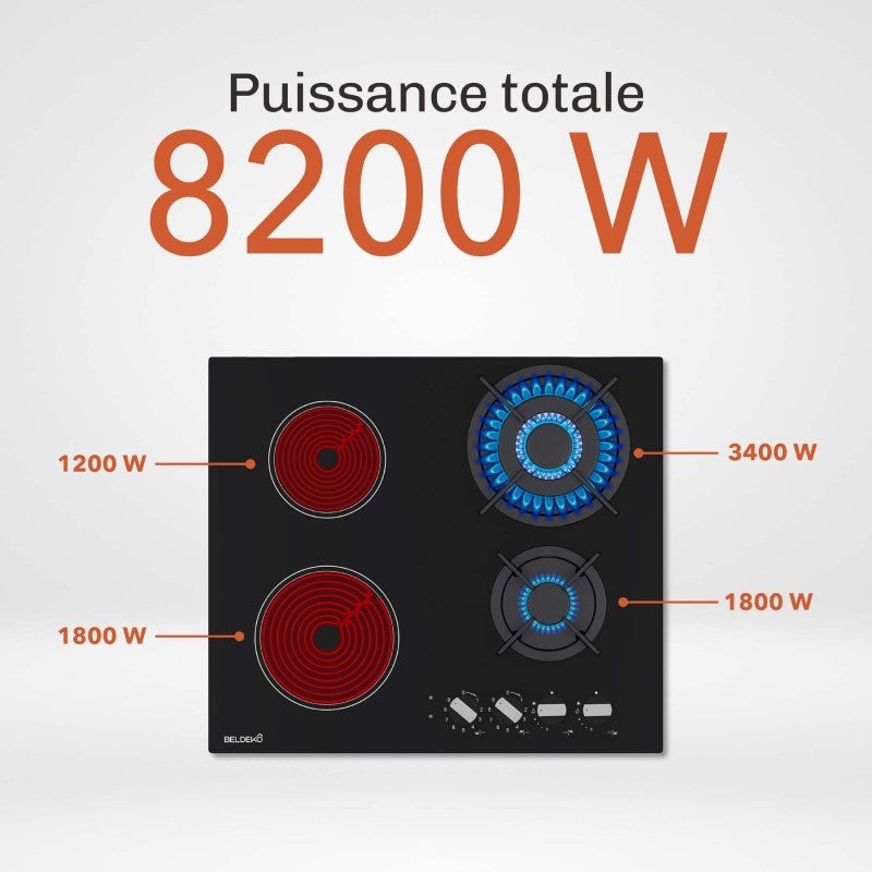 BELDEKO Plaque de cuisson mixte gaz et vitrocéramique 4 foyers - Double couronne - 8200 W - Manettes - 3