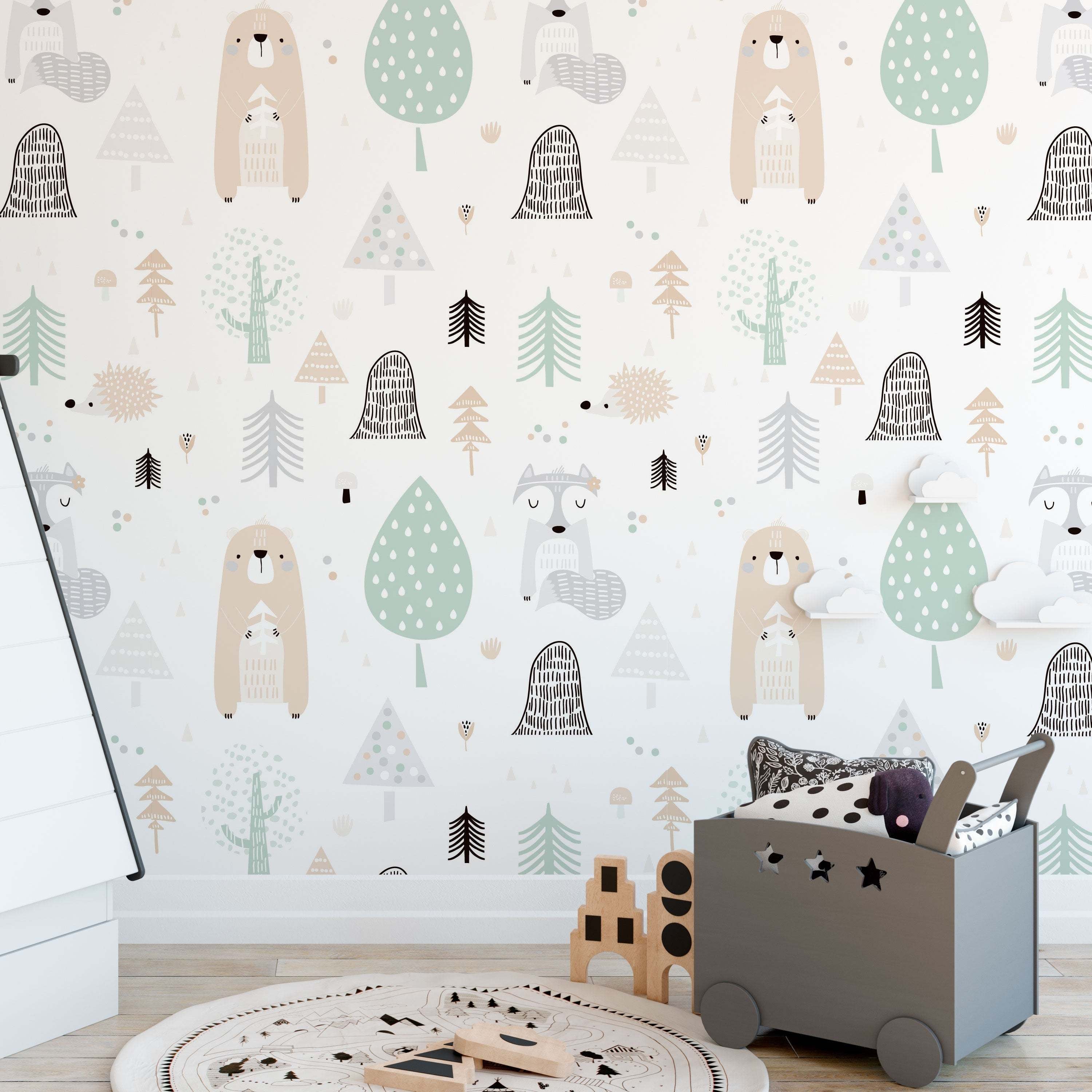 Papel pintado animales del bosque verde beige y gris lavable y removible - 1 rollo 50x300 cm - decochic
