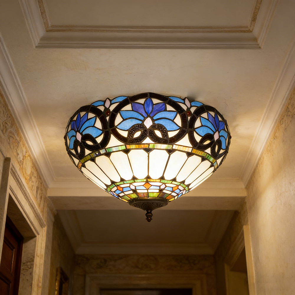 Plafonnier Tiffany, Lustre encastré, Suspension en verre, Éclairage d'entrée LED, Lampadaire LED rétro, φ40 cm (ampoule non incluse) - 8