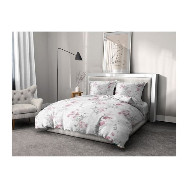 Parure de couette 240x260 cm HOME LINGE PASSION POMPADOUR : Housse de couette + 2 taies d'oreiller - 100% Coton 57 Fils - Blanc/