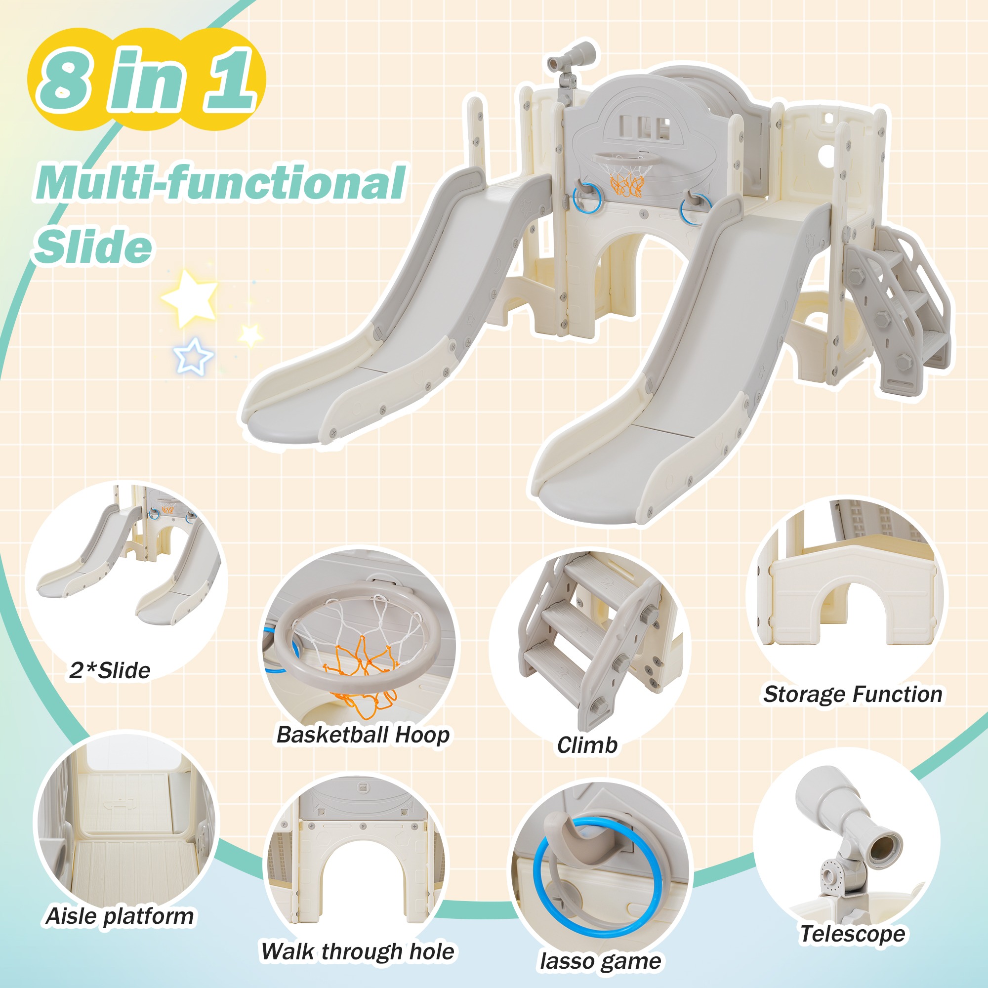 Jouet de plein air pour enfants 8 en 1 - Toboggans, escalade, panier de basket, jeu de perche - Multicolore - 3