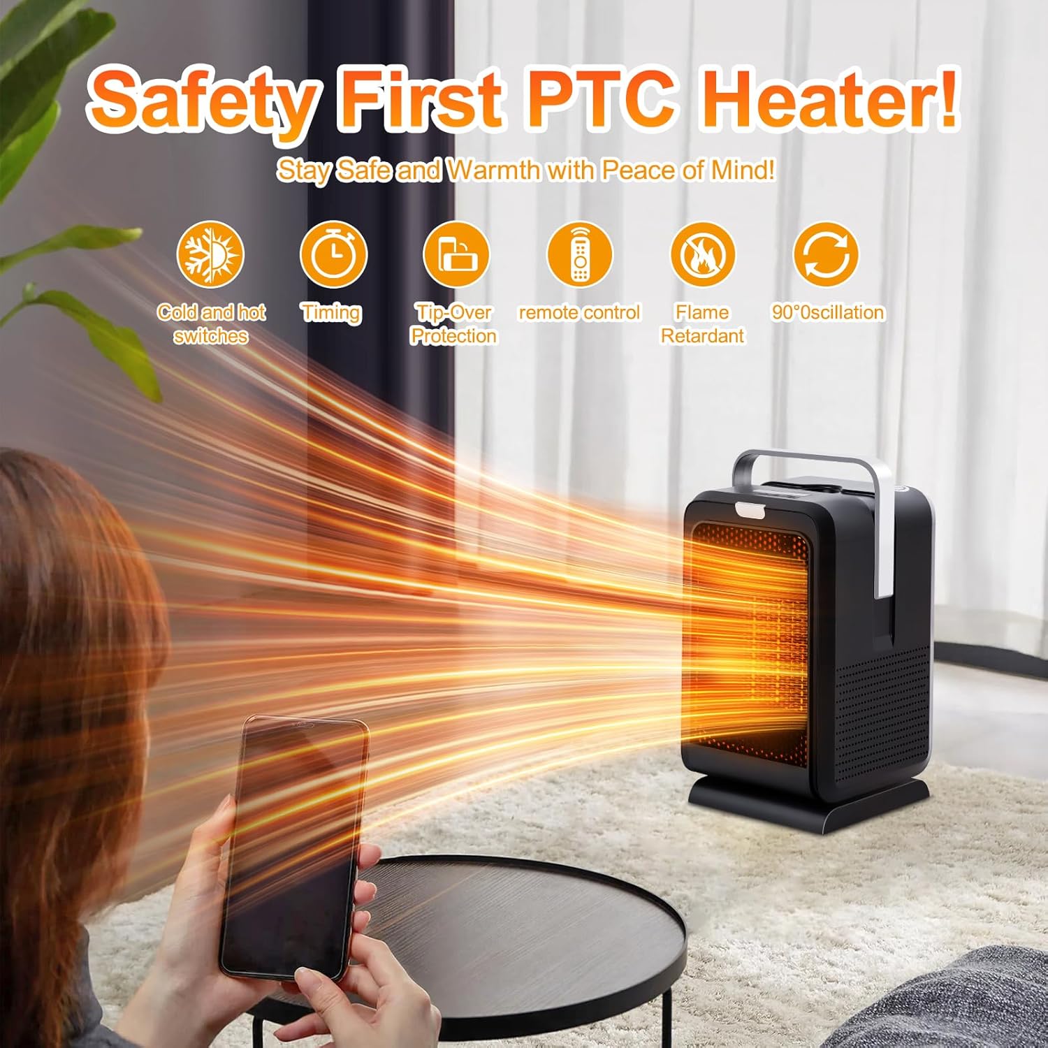 Radiateur Soufflant Céramique Portable - 1200W/2000W - Chauffage Rapide PTC - Silencieux (34 DB) - Sécurité Basculement - Noir