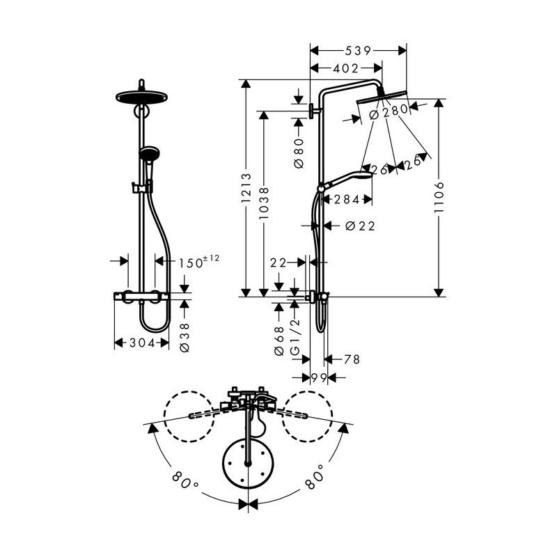 Hansgrohe Croma Select S, Set de douche, Showerpipe Croma 280 1jet, chromé (HG-26790000) - 2