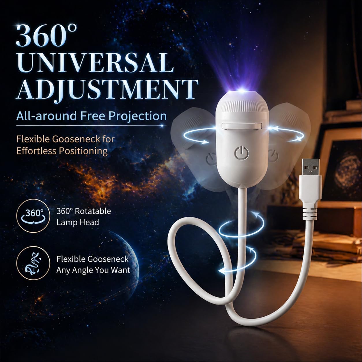 Luce notturna galattica 2 in 1, proiettore galattico USB con 12 pellicole di proiezione scorrevoli, luce notturna regolabile a 360° per camera da le - 4
