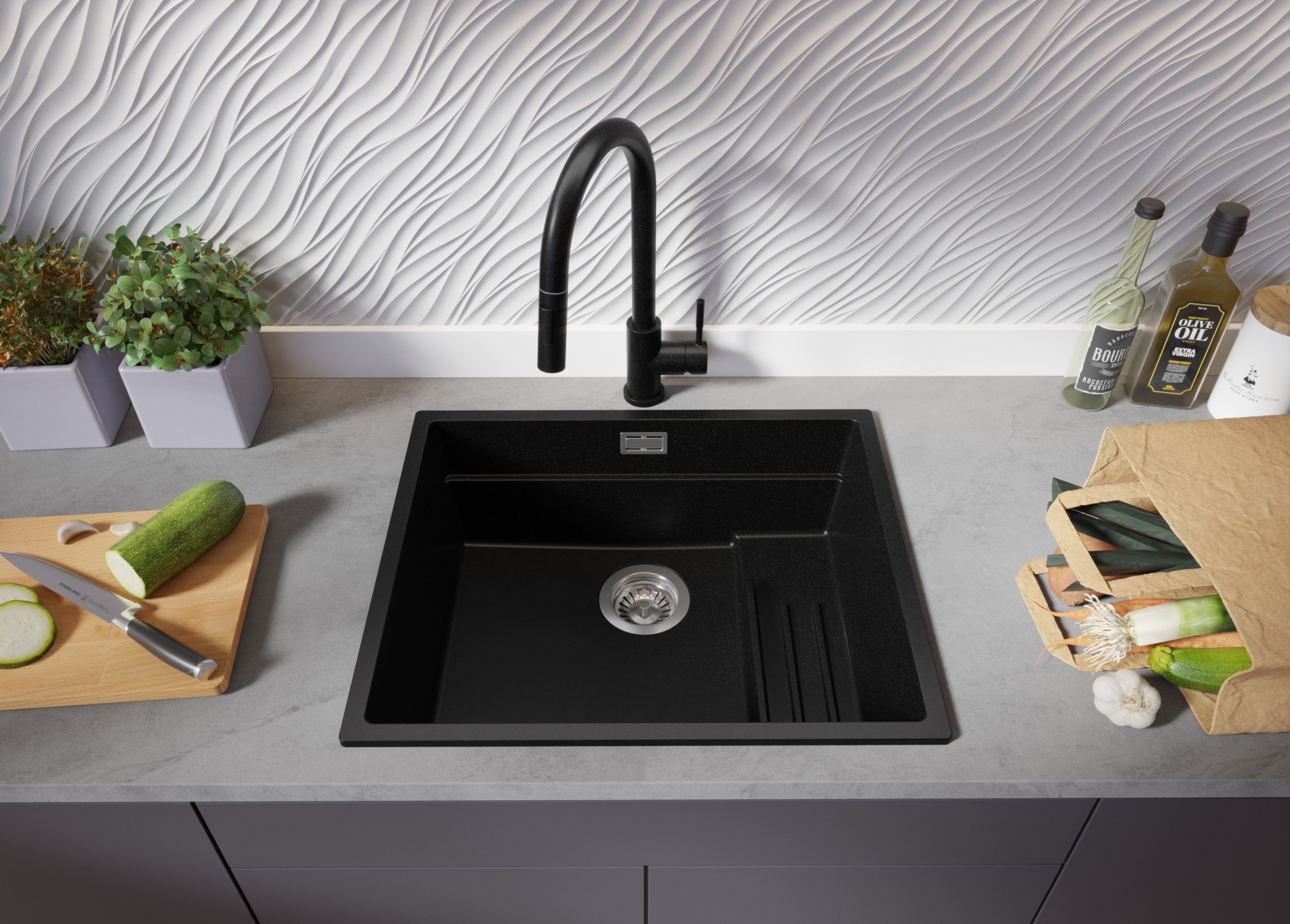 Lavandino da Cucina Nero 56x47cm, Lavello in Granito a 1 vasca + Sifone Classico + Accessori, Lavabo da Cucina Incasso al mobile 60cm PRIMAGRAN - 3