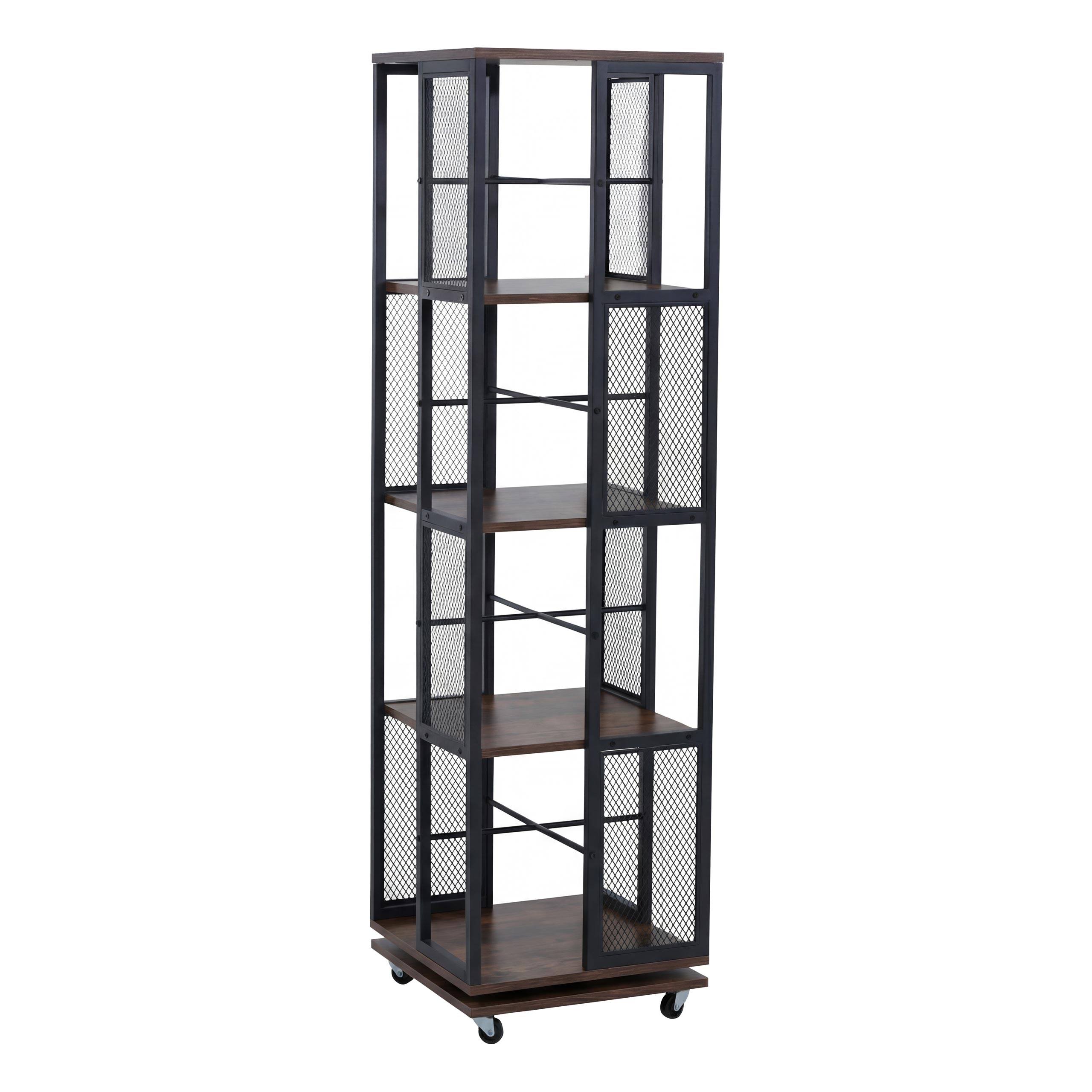 Regał na książki HWC-P13, regał stojący, obrotowy, kółka obrotowe, metal Industrial Melamina MVG 147x40x40cm ~ ciemnobrązowy
