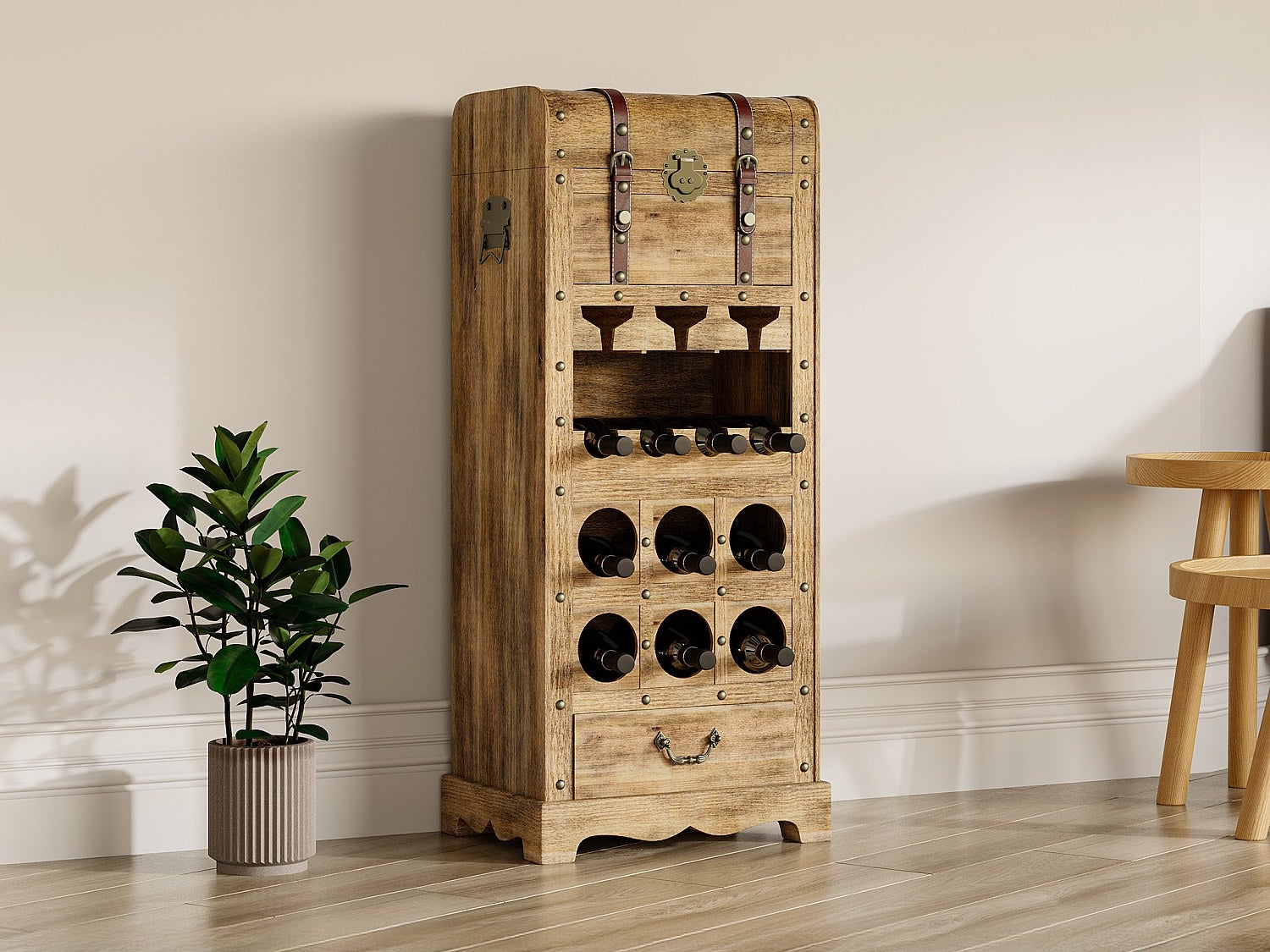 Komoda na wino ze skrzynią z drewna sosnowego i MDF - szer. 43 x wys. 100 cm - Naturalny - CAVINA