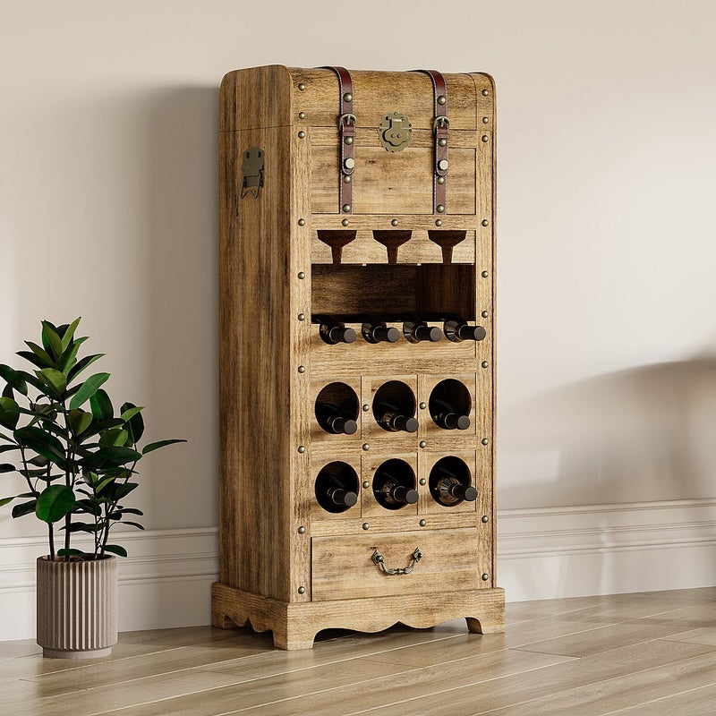 Komoda na wino ze skrzynią z drewna sosnowego i MDF - szer. 43 x wys. 100 cm - Naturalny - CAVINA