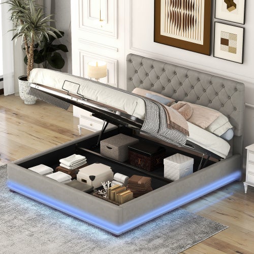 Letto Matrimoniale 140x200 Con Testiera Regolabile E Contenitore - Illuminazione LED, Ricarica USB/Type-C, Velluto Beige