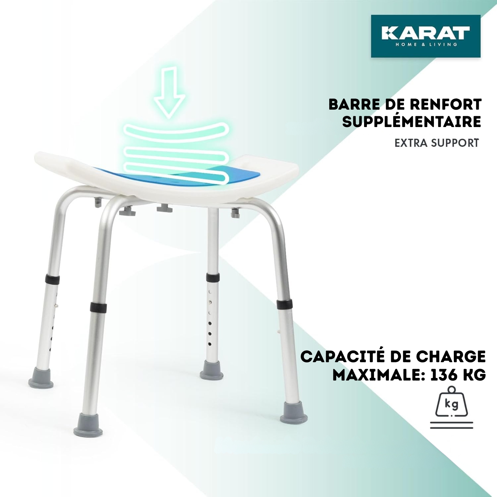 Tabouret de douche et de bain Noah Réglable en hauteur Facile à&nbsp; nettoyer Pieds en caoutchouc antidérapant Peut supporter jusqu'à&nbsp; 136 kg - 2
