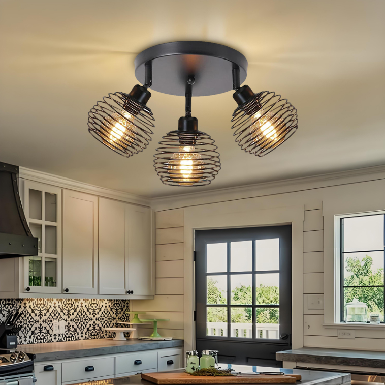Lámpara de techo industrial de 3 luces, lámpara de techo de metal negro, lámpara de araña giratoria, lámpara de techo hueca retro