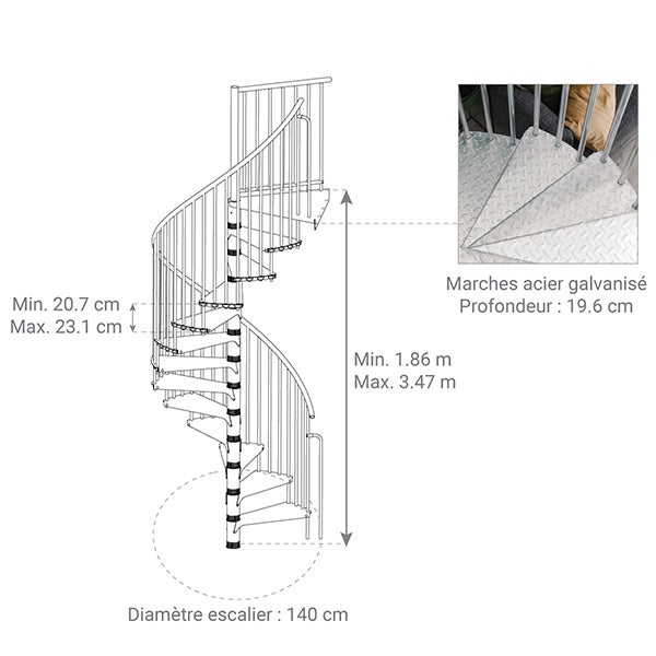 Escalier colimaçon métal extérieur 13 marches - Hauteur à franchir 2,69 à 3,00m - Diamètre 1,40m - Structure grise et marche grise - RONDOZINK140-P-13 - 2
