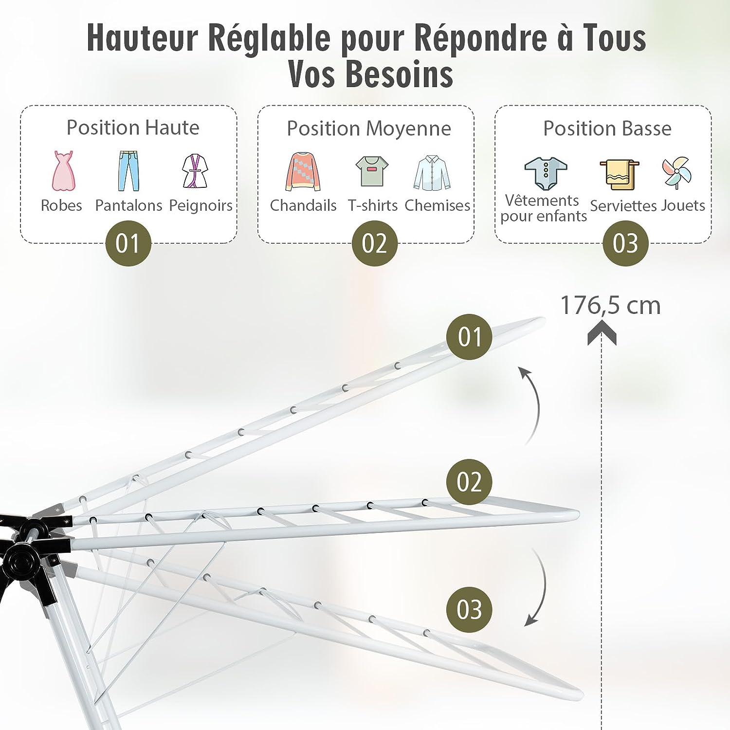 Stendibiancheria a 2 Livelli, Stendino Pieghevole con Braccia Laterali Regolabili in Altezza e Telaio in Acciaio, Stendipanni Salvaspazio per - 3
