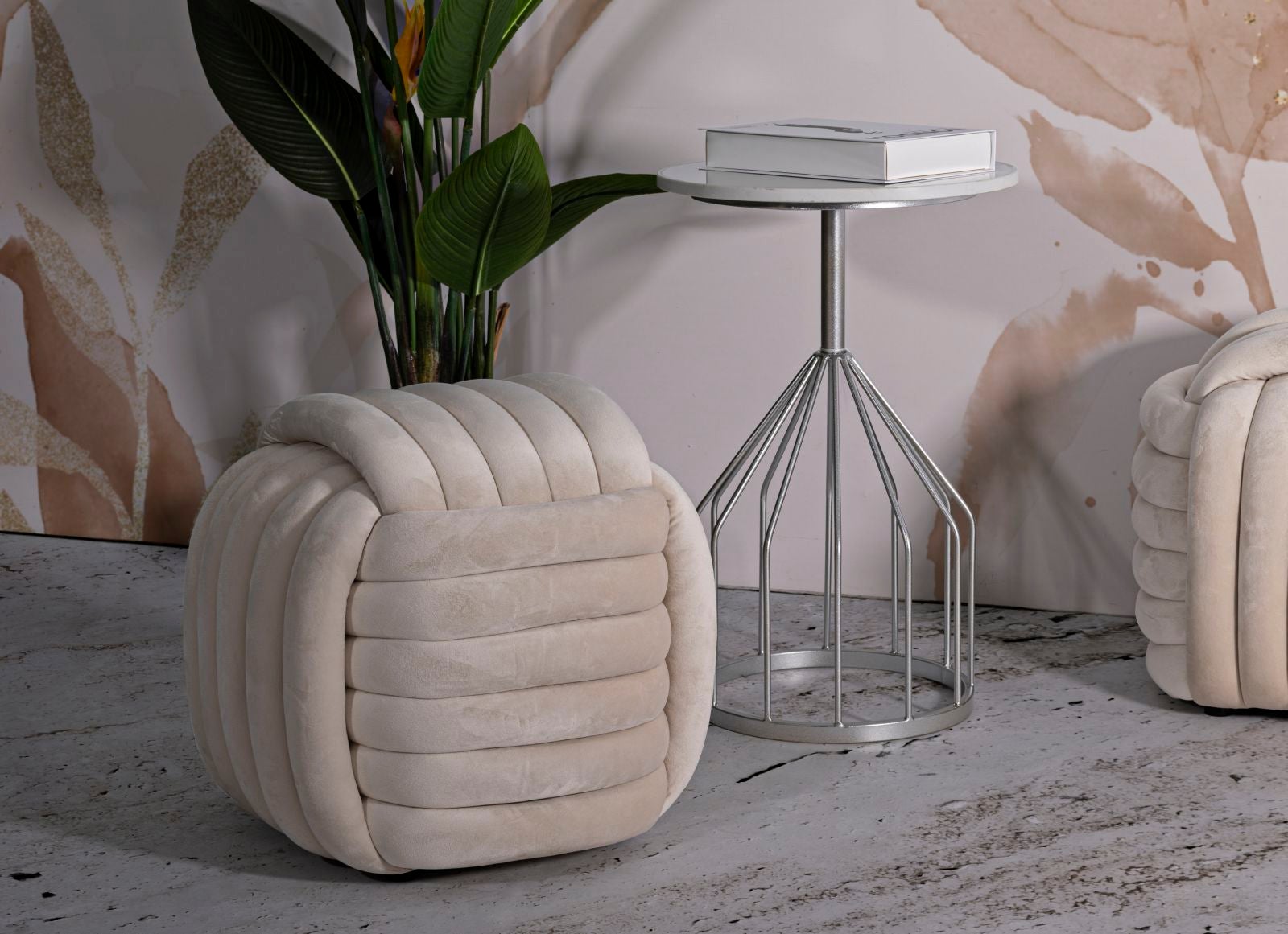 Pouf design intrecciato imbottito in velluto stile moderno Softy - Crema - 6