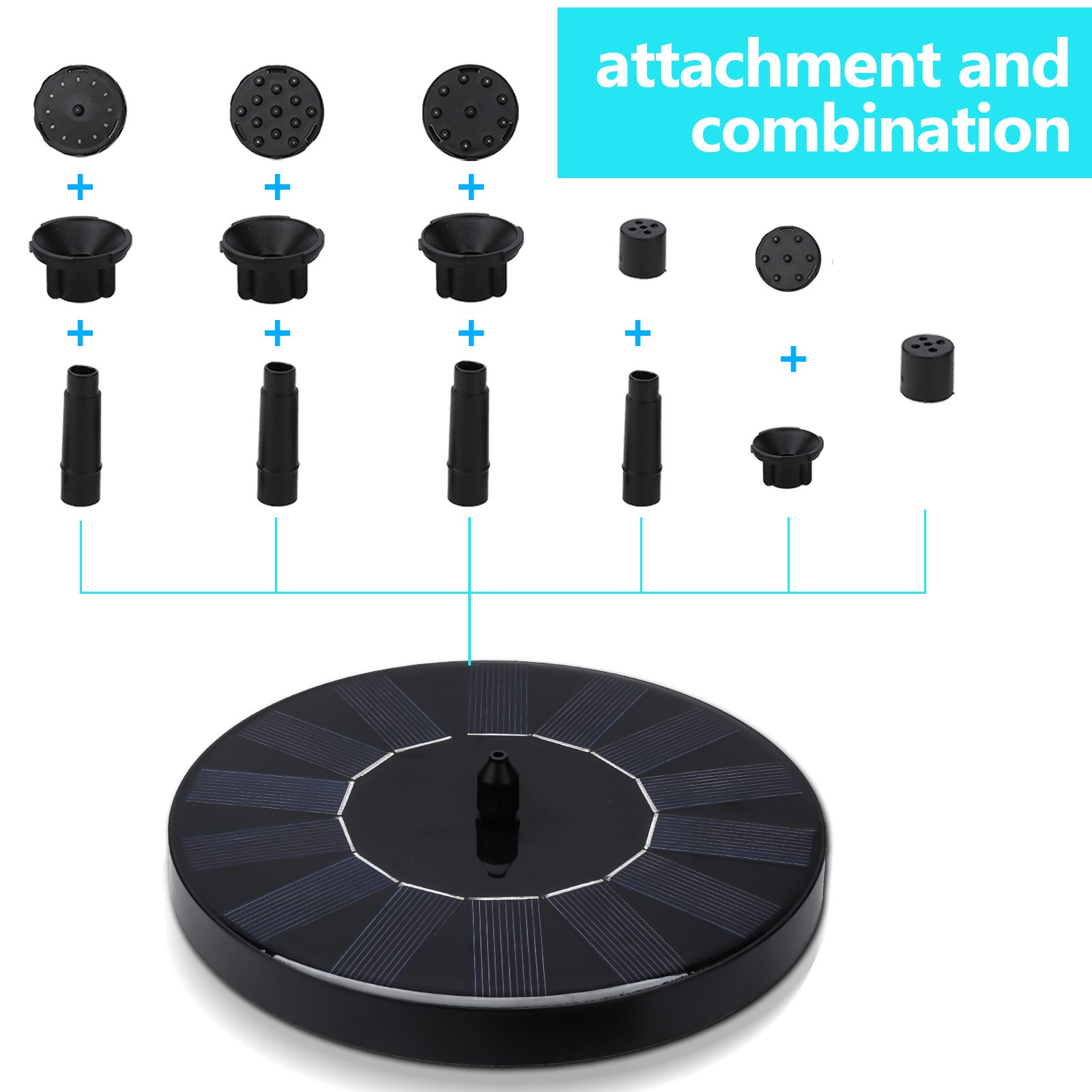 Fontaine Solaire Extérieur 1,5 W avec 4 Tiges de Support avec 6 buses Max 65cm High pour bain d'oiseaux, piscine et aquarium, 16 cm - 6