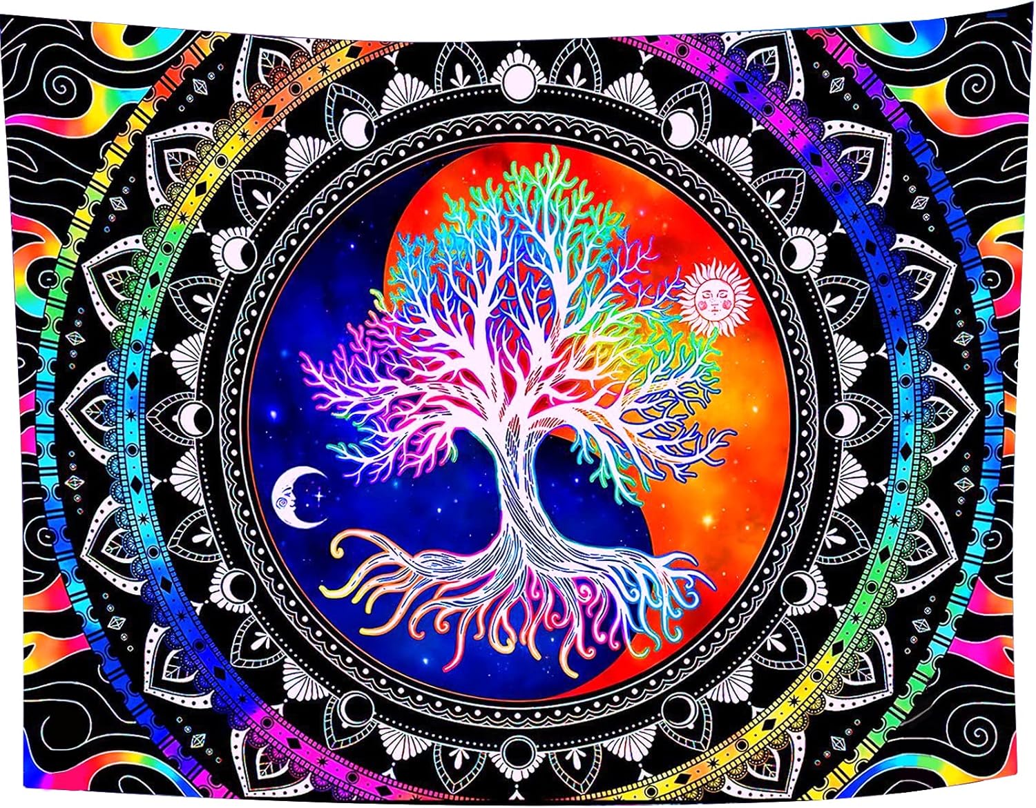 Tenture Murale Psychédélique Réactive Aux UV – Tissu Lumineux Noir – Forêt Arbre Design – 180x230 Cm – Décoration Chambre, Festival