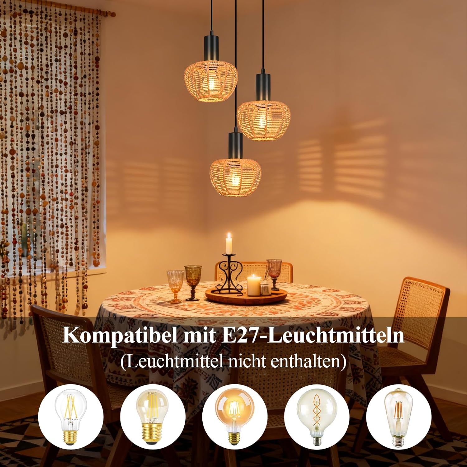 Lampa wisząca Nettlife Boho Rattan z 3 żarówkami – żyrandol z plecionej liny konopnej w stylu vintage, E27 (żarówki nie są dołączone) - 5