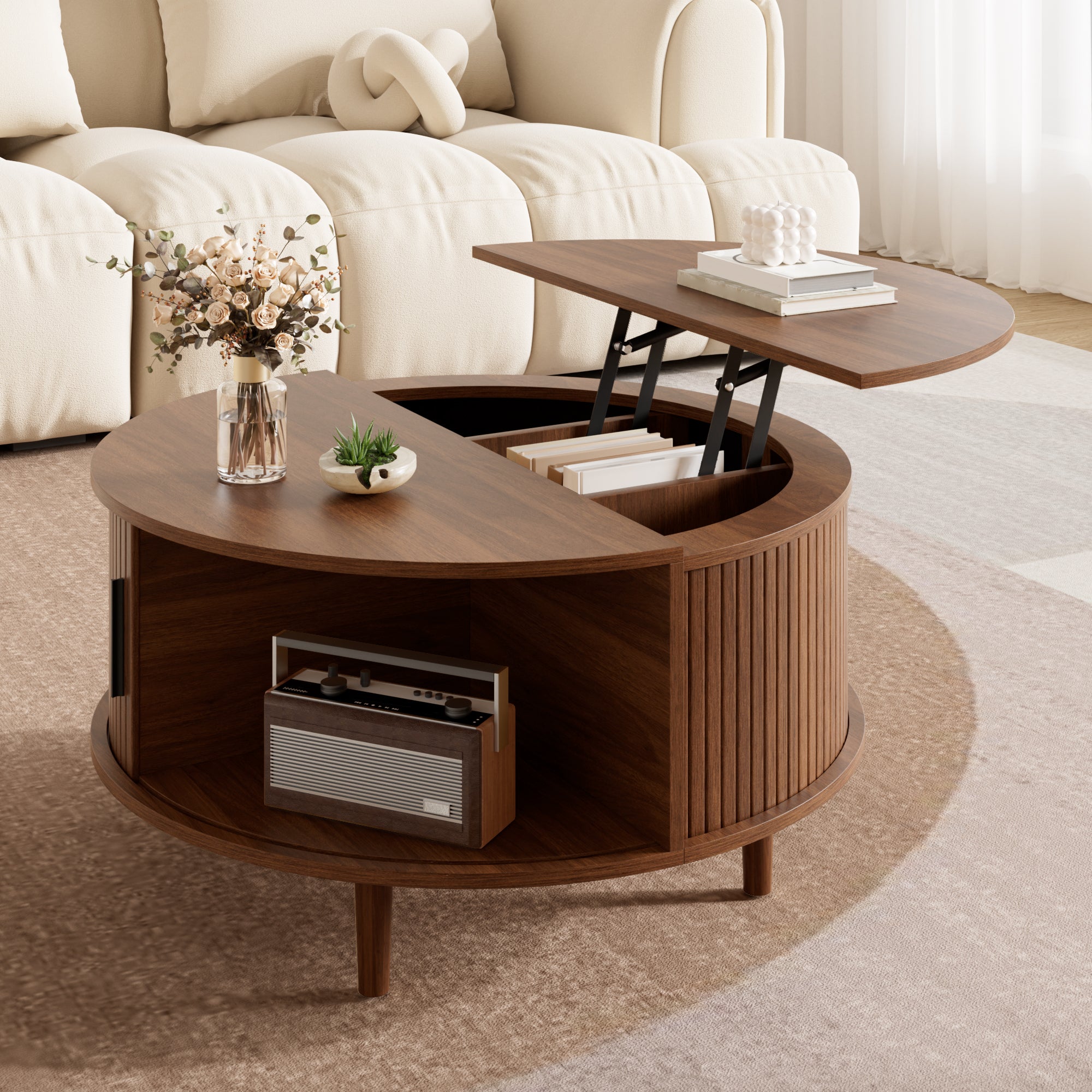 Table basse ronde réglable 80x80x59 cm avec tiroir coulissant , rangement intégré, MDF, Noyer - 3