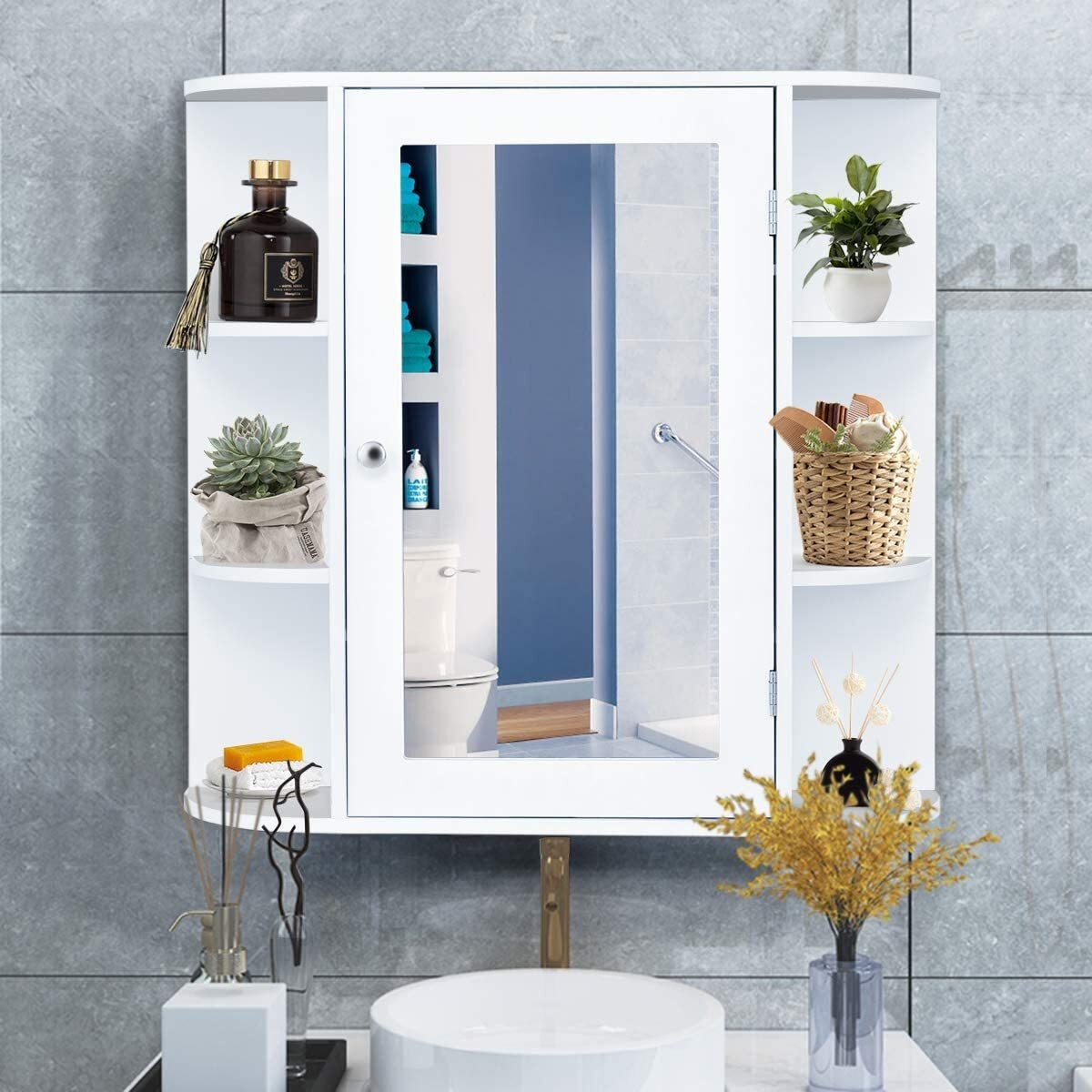 Armario del Baño con Espejo, Armario Montado a la Pared, Armario de Madera Colgado con Repisas Regulables y Compartimientos Abiertos, Botiquín - 3