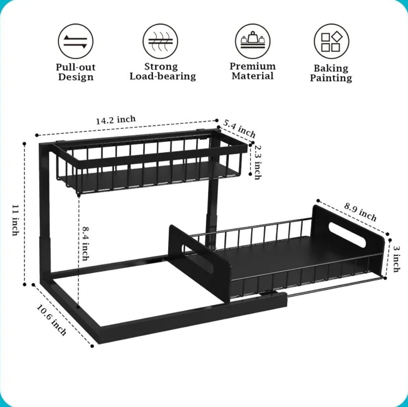 Mueble bajo fregadero de 1 pieza, mueble extraíble de 2 niveles, soporte para fregadero, organizador de armario negro - 5
