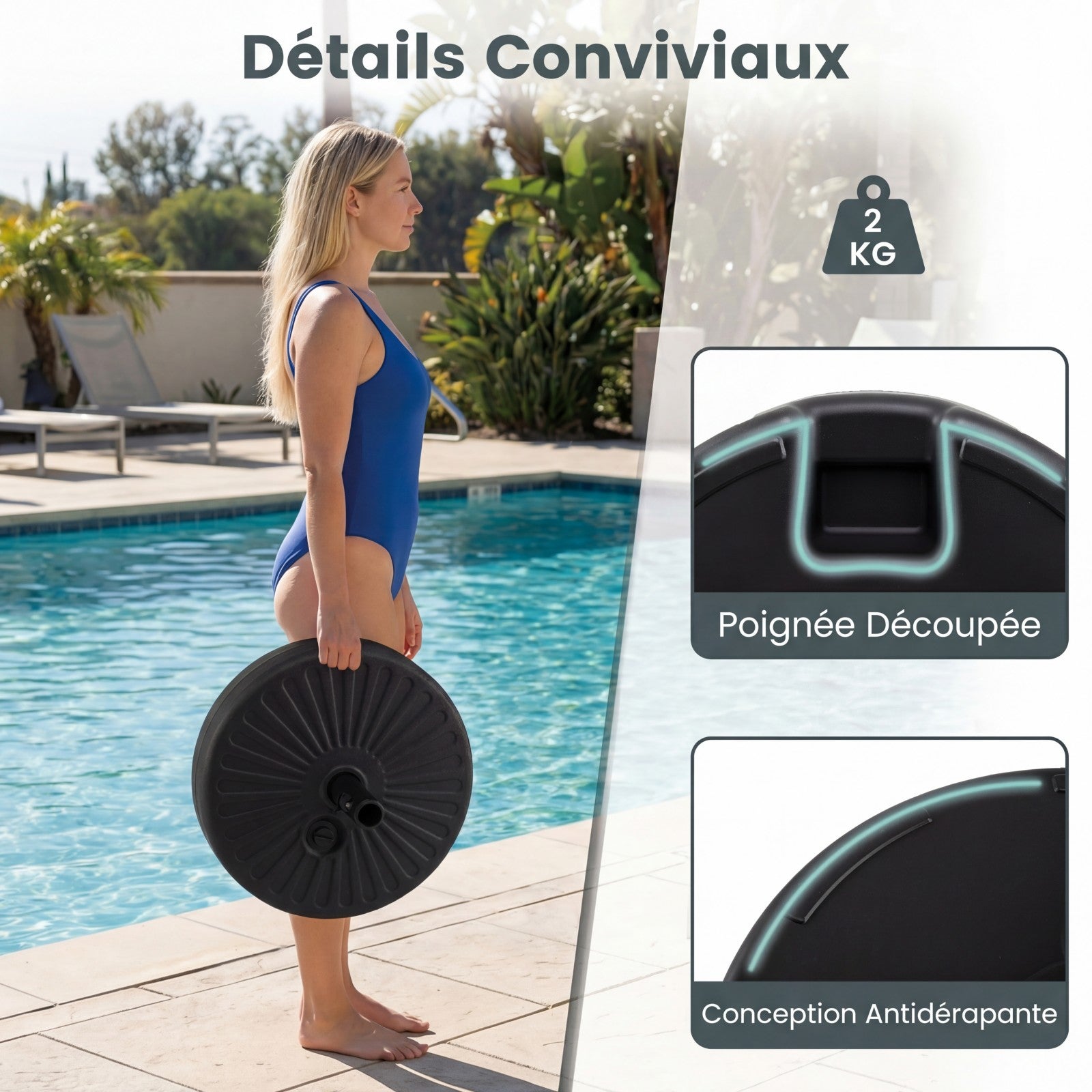 Base pour Parasol Rond 51 cm, Diamètre du Mât jusqu'à 38, 48 mm, Support pour Parasol Remplissable d'Eau et Sable avec 2 Raccords, Porte-mât en Métal - 8