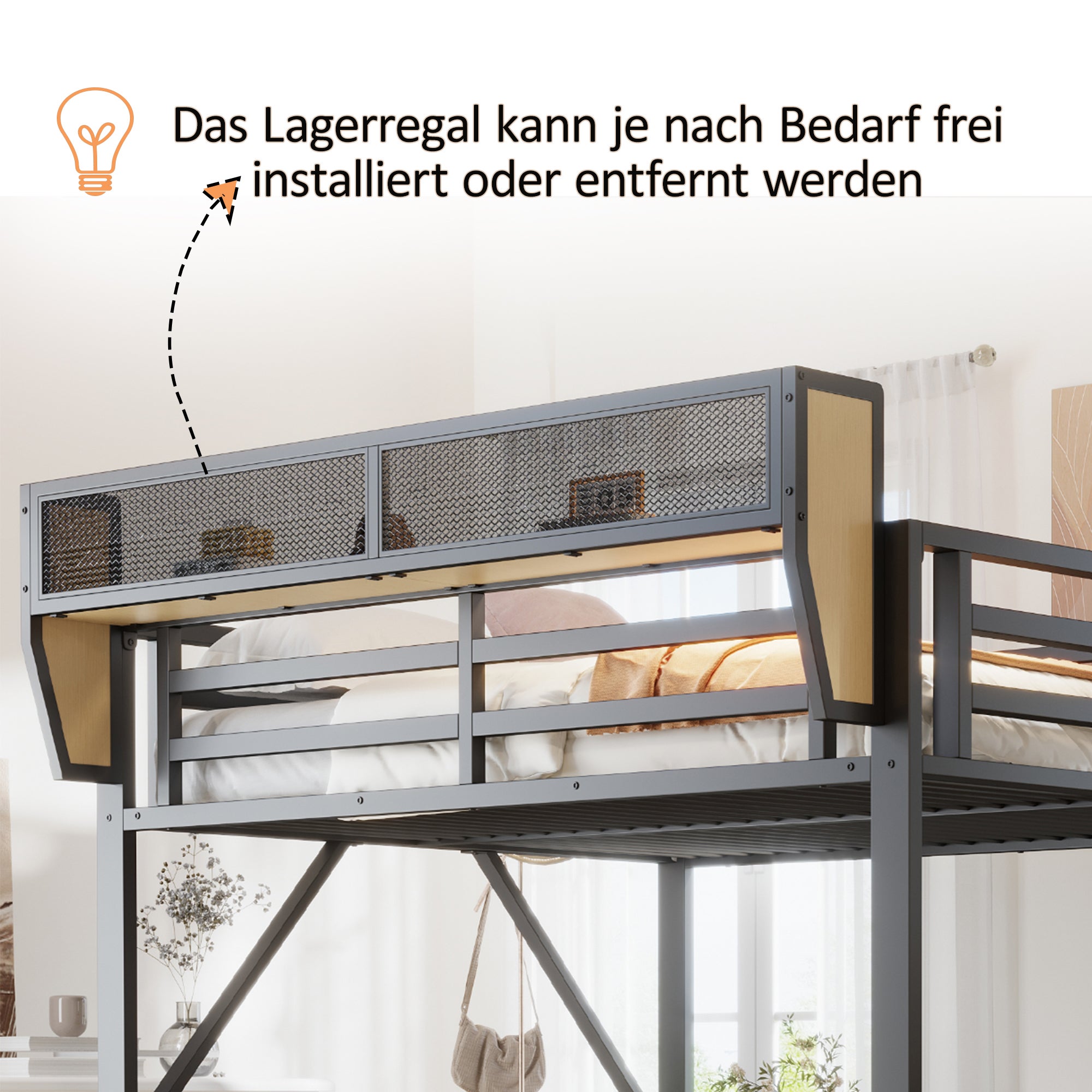 Lit Mezzanine en Métal 140x200 cm avec Bureau, Armoire et Échelle de Rangement, Lit superposé avec LED et Prises, Lit enfant Noir, Sans matelas - 4
