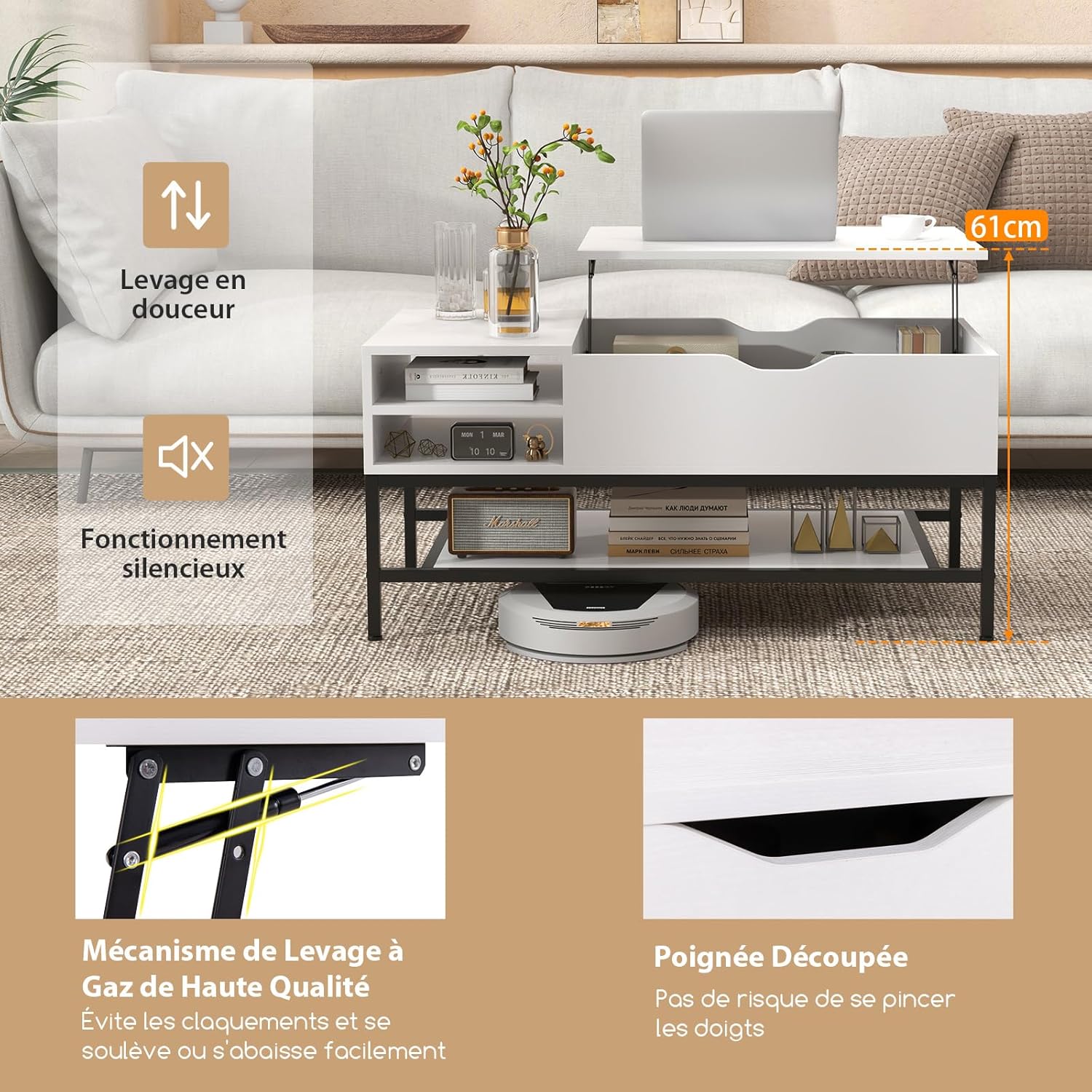 Stolik Kawowy z Podnoszonym Blatem i Regulacją Wysokości, Stół do Salonu z Ukrytym Schowkiem i Wyjmowaną Półką, Wysuwany do Domu, Biura (Biały) - 6