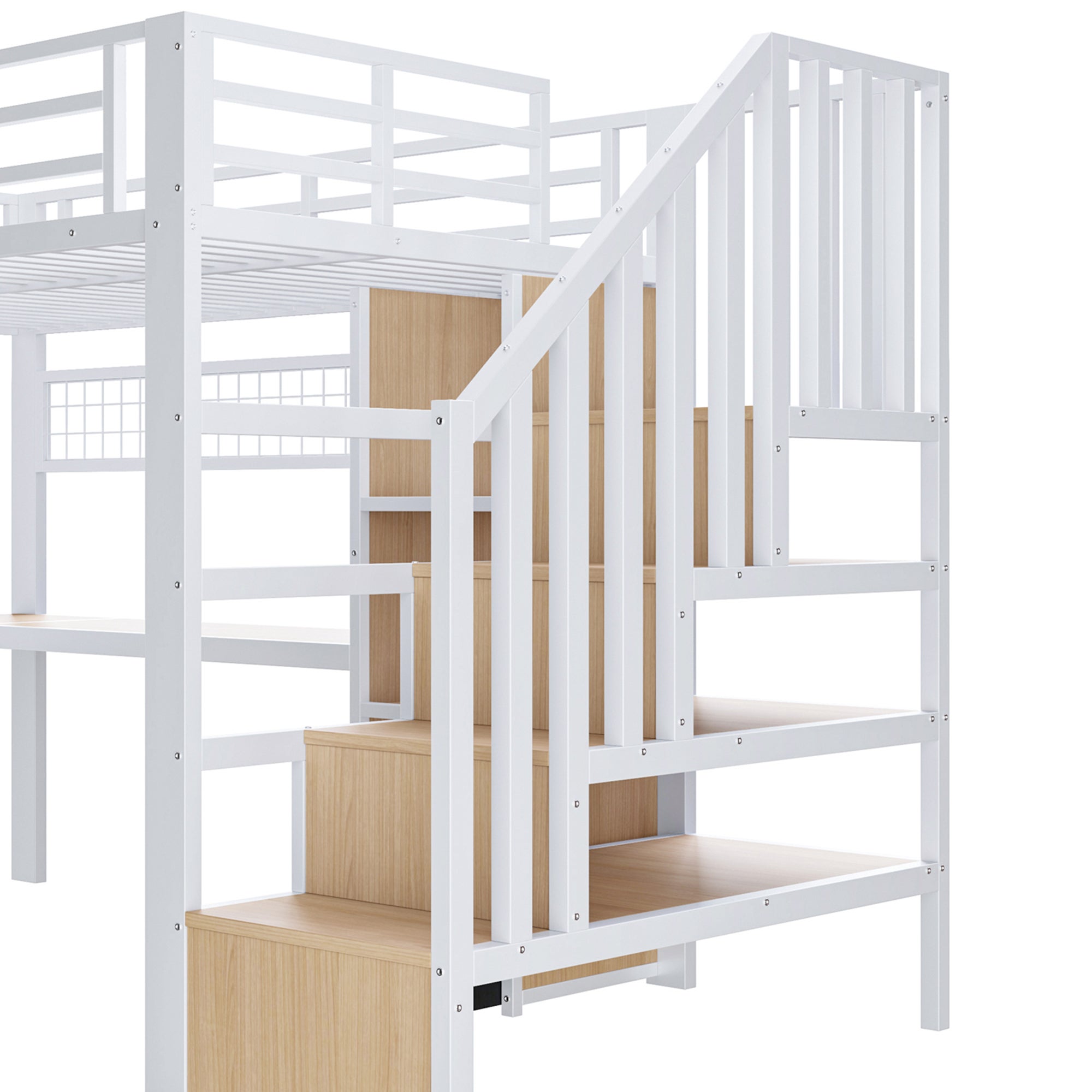 Lit mezzanine 90 x 200 cm avec bureau intégré, Lit simple structure en fer avec penderie LED, 4 tiroirs et escalier de rangement, sans matelas, Blanc - 9