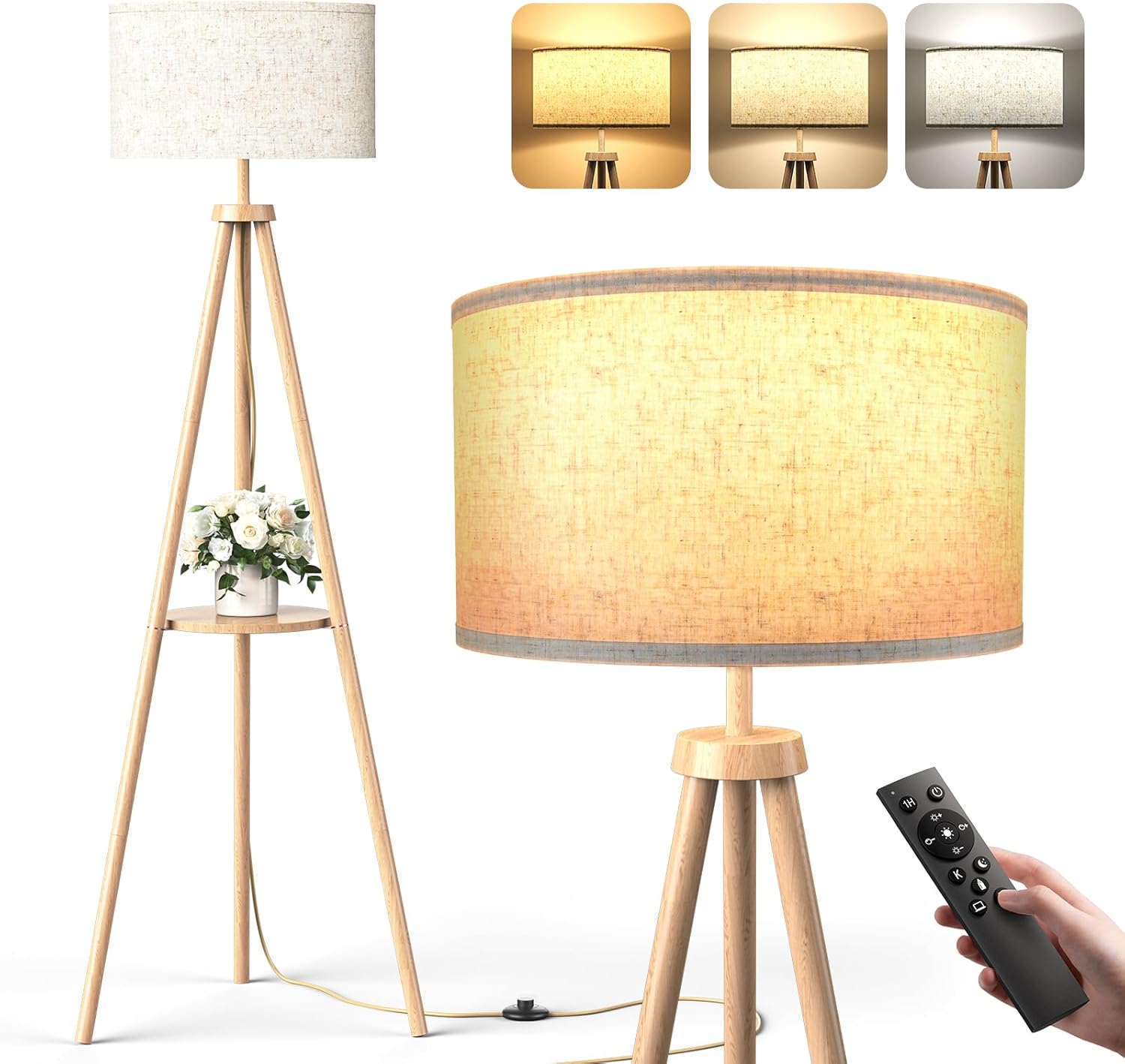 Lampadaire trépied LED pour salon avec étagères de rangement ...