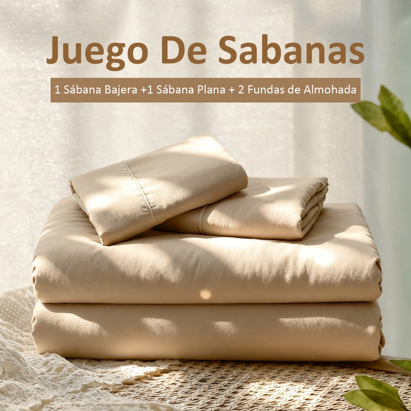 Juego de Sábanas 100% Algodón | 4 Piezas | Bajera Ajustable 30 CM | 2 Funda Almohada Boca Abierta | Hipoalergénico, Absorbe Humedad | Beige Cama 180 - 3