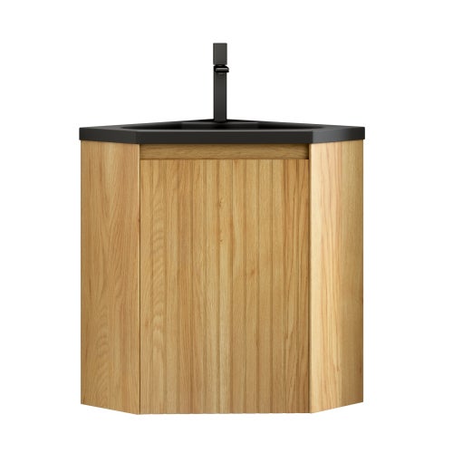 Meuble vasque d’angle suspendu 38 cm avec vasque intégrée en résine noire mate, armoire triangulaire à une porte, finition bois naturel - 2