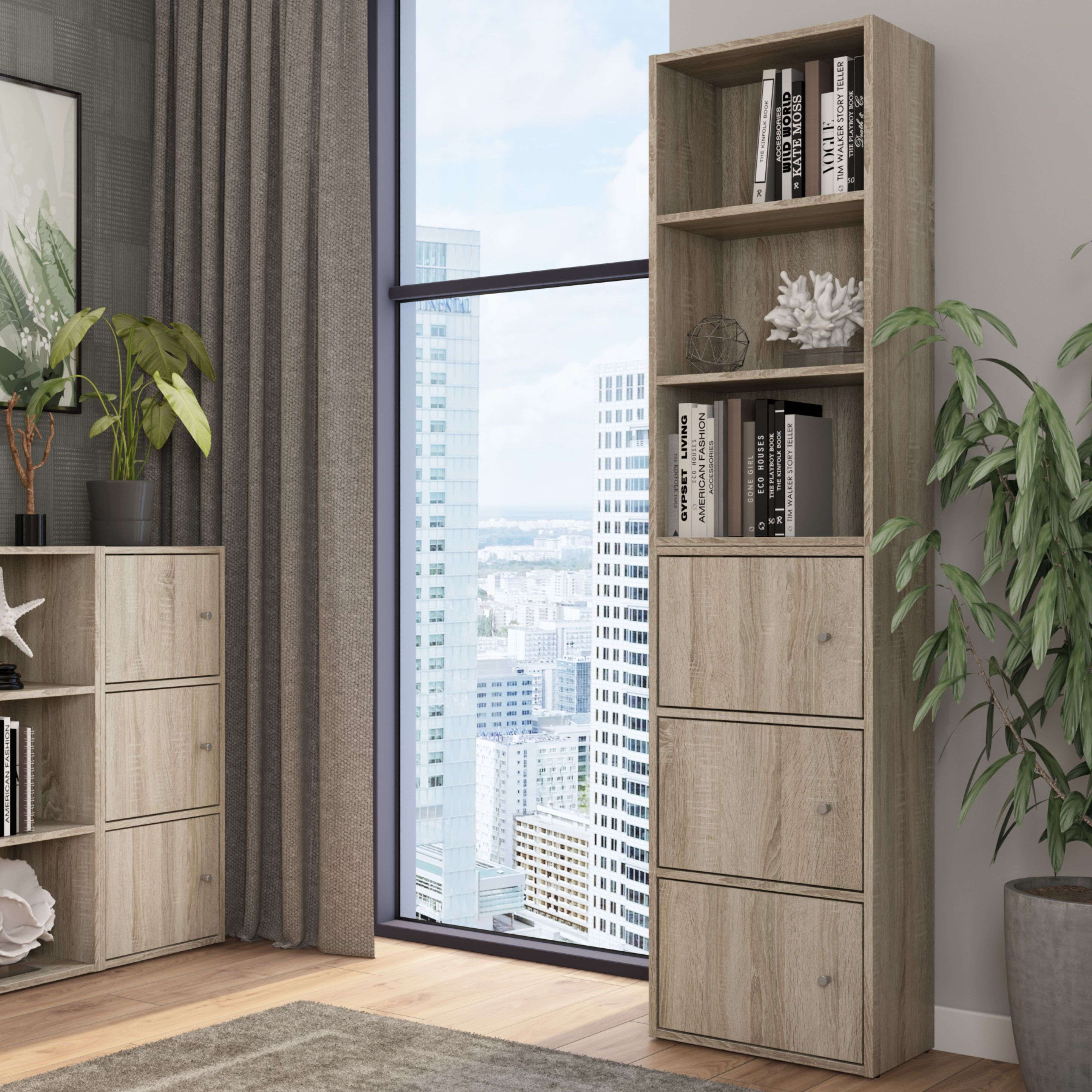 Estantería de Salón Plea, Mueble Organizador Comedor Roble Sonoma 1 armario 3 puertas, 1 estantería 3 niveles Melamina 42x184x29 cm - 4